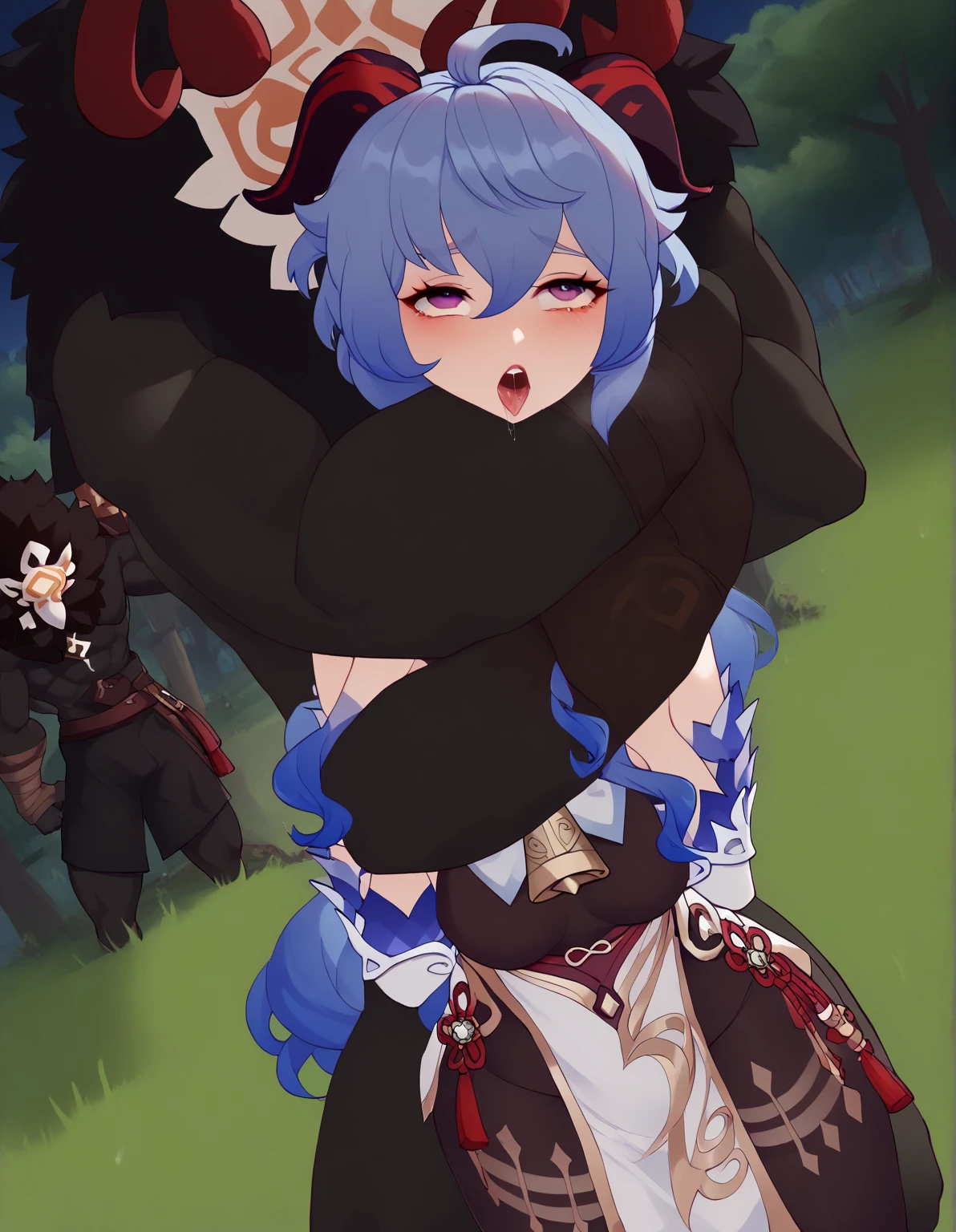 full body, cum, vaginal, sex, horned humanoid, horn, ganyu (genshin impact), female/ambiguous, female, duo, clothing, blue hair, pink panties, forest, doggystyle, rifthound (genshin impact), bestiality,