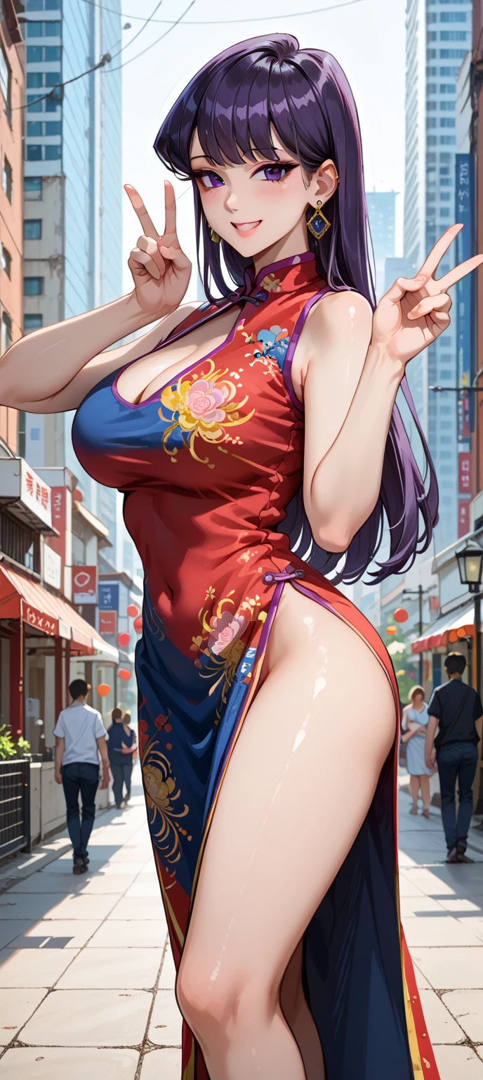 A very narrow alley in Chinatown at night、Busy and crowded、Beautiful girl with braided hair、She is wearing a cheongsam with a slit exposing her legs.、Good style、Show your teeth in embarrassment and smile、Big Breasts、Long legs、Natural and active pose、((Push your panties aside))、pubic hair,