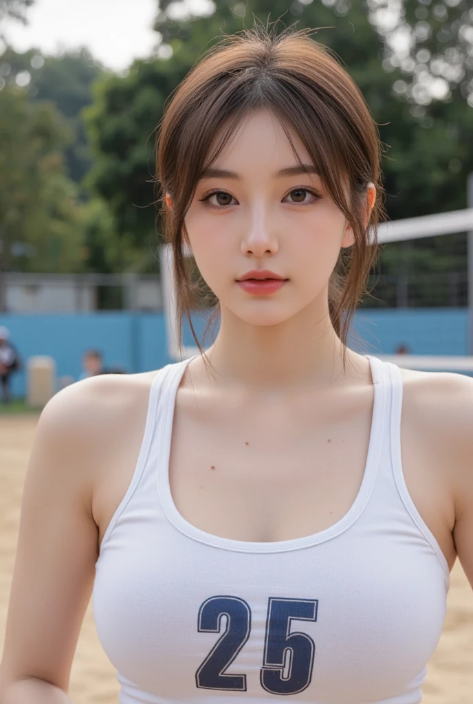 ((Best quality, 8k, Masterpiece :1.3)), 1girl, Pretty woman with emphasizing slender abs :1.3, (random hairstyles, Huge breasts :1.2), Ultra-detailed face, Detailed eyes, Double eyelid,tennis wear