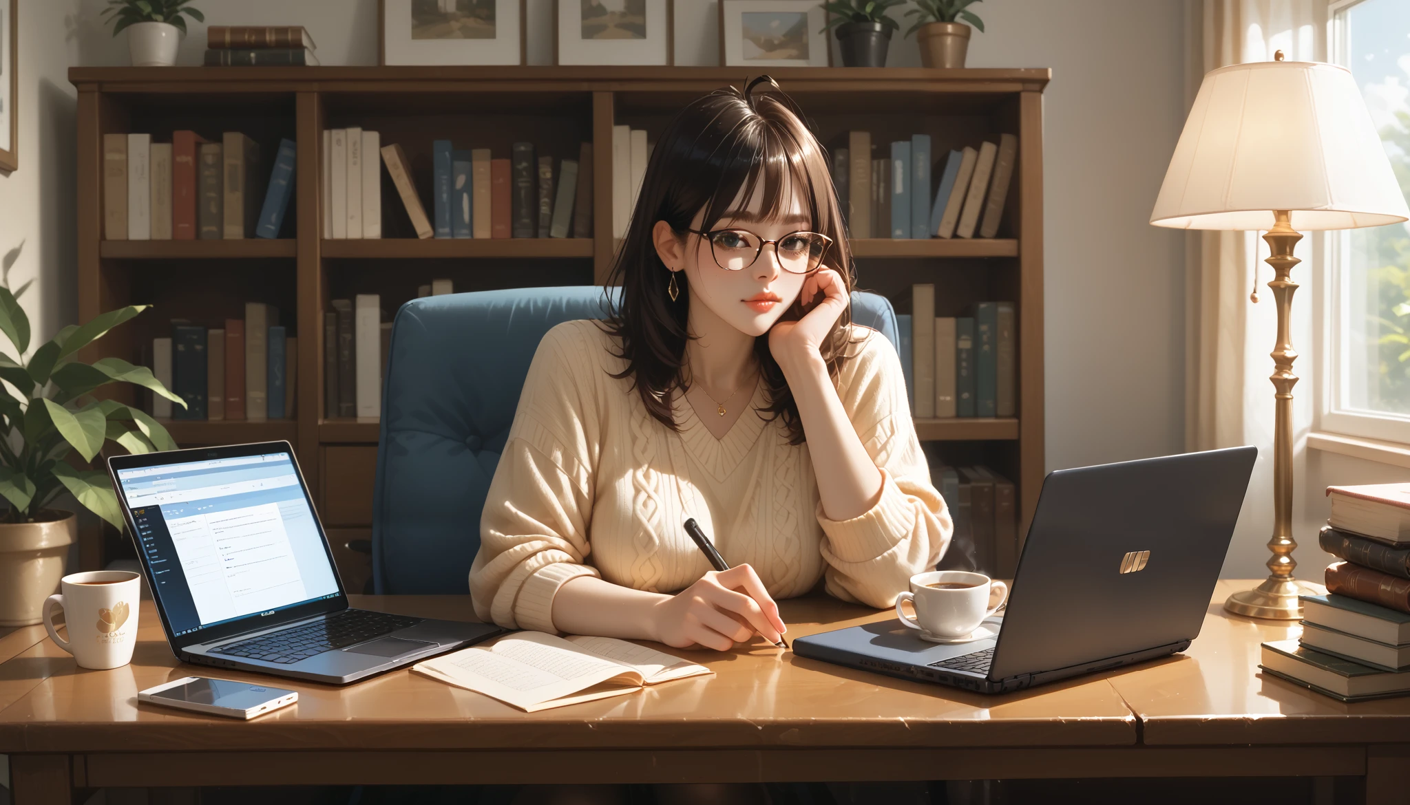 "A beautiful face and nice body, a woman sitting at a cluttered desk, deeply engaged in her work on a laptop." She is wearing glasses and a casual sweater, surrounded by books, notes, and a steaming cup of coffee. The warm desk lamp adds a cozy touch to the workspace.