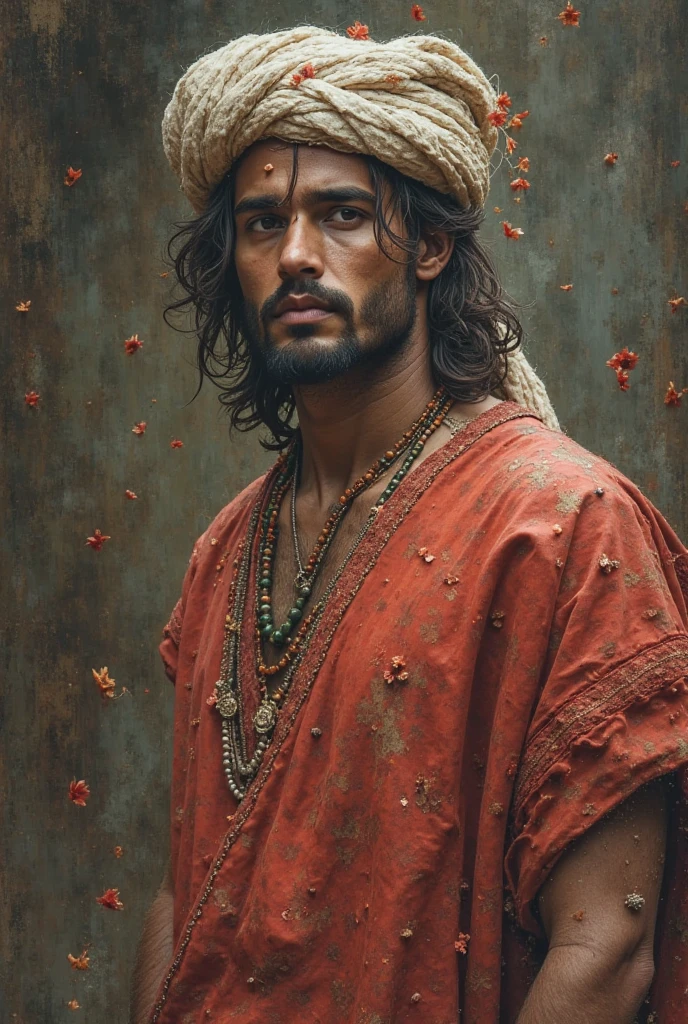 {{Masterpiece, best quality, oil painting, by Théodore Géricault, male focus, high resolution, super detailed, muted colors}}, the composition is: (((((a dramatic half body portrait of a 30 year old ancient Roman gladiator, sexy, magnificent, wearing a beige Russian fur hat, he is wearing a red diamond shape pendant))))). ((((He is wearing red and orange gladiator clothes made of tiger skin, alligator leather, with ronin inspired elements, Slavic inspired elements, wearing a satin sash)))).