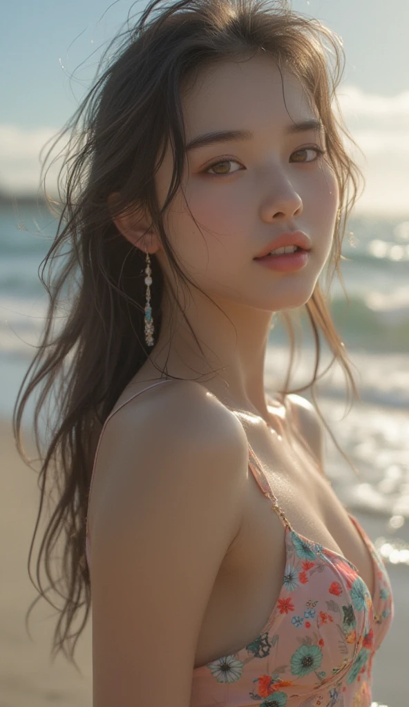 ((high quality,masterpiece,4K,8K)),a cute girl, vogue shoot, model shoot, blue eyes, Black hair, rose color cheek, thin lips, sunny beach, colorful summer outfits
