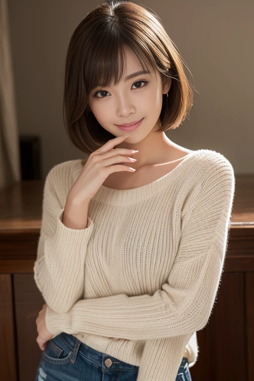 girl、Grown-up、natural makeup、black hair short cut、Slender、slender、short height、beautiful girl、beautiful skin、knit、handsome face、Well in place、big eyes、Soft、smile