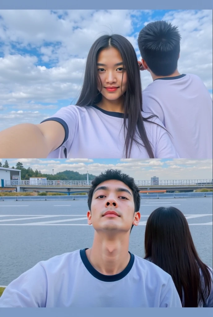 there is a man and woman that are posing for a picture, with long hair, dang my linh, lovely couple, couple pose, with ivy, profile image, with her long, profile picture, 😭 🤮 💕 🎀, with short hair, ruan jia and brom, profile pic, hoang long ly, with a big head
