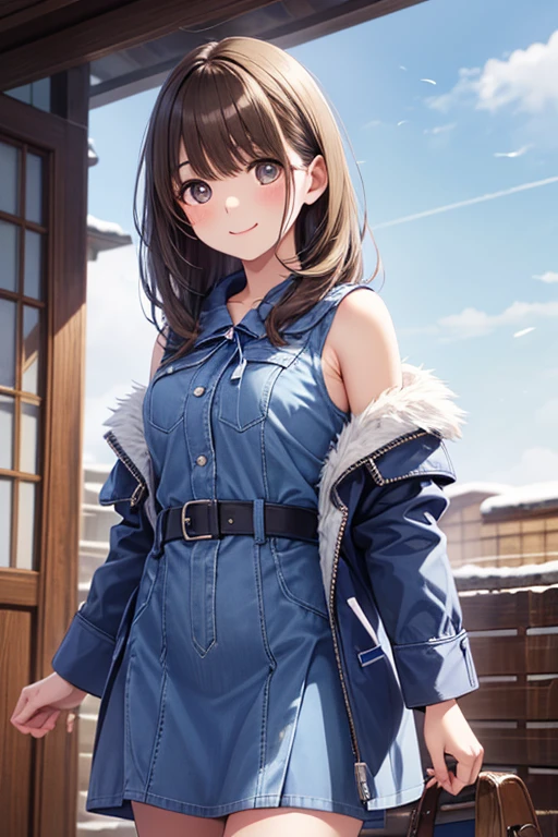 (High quality,High resolution,Fine details),Realistic,((long fluffy blue coat)),Street corner,(fluffy white sweater inside),solo,Adult Woman,(Brown hair),sparkling eyes,smile,blush,Oily skin,(blue denim pants),Shallow depth of field