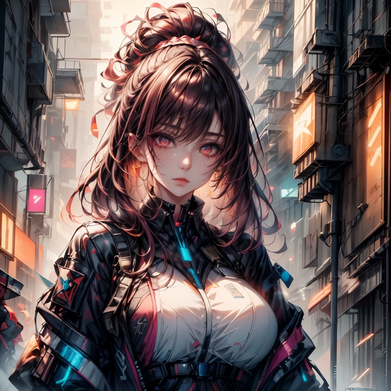 ((best quality)), ((Masterpiece)), ((Enrich the picture,Masterpiece level quality)), pink hair, high ponytail, very big breasts, golden eyes, fierce woman, ultra eyes details, Image of a beautiful cyberpunk woman, future police, best quality, RAW 4K, Realistically, ( cinematic lighting, moody, textile shading), perfect proportions, ultra detailed, volumetric lighting, soft lighting, glossy skin, beautiful face, Special face details, strong emotions, elegant gesture, Detailed facial features, Long eyelashes, contrast, Incredible atmosphere, Fascinating setting, Haunting beauty ,