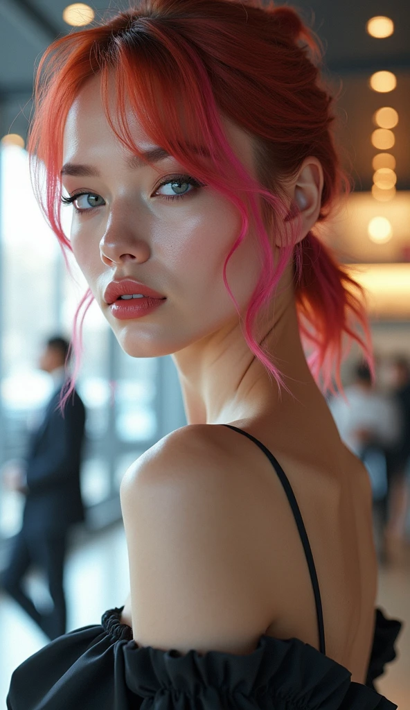 (((Ultrarealistic))) uploads, ​masterpiece, top quality, (pale skin), (ultra detailed face and eyes:1.2), 1 girl, adult, ((in a too small size tight lingerie)), strapless bra, ((very strong eye make-up, pink mascara)), ((artificial, Detailed Lips)), ((Pink wavy hair)), ((Stylish hairstyle)) , (({enormous|huge|large|huge|mega|fake} pushed up breasts)), (very narrow waist). ((very large décolleté)), uploads-Shooting, (soft) Enlightenment, (The play of light and shadow), depth of field, bokeh, (Special attention to skin details: 1.2), (besonderes Augenmerk auf enormouse Brustgröße: 1.2), (((special attention to extra tight clothing sizes: 1.2))), detailed texture, Hautporen, Oily skin. (Erotic atmosphere of the frame. Color Palette - Purple, Pink, metric tons), dr, ((film grain)), ((Rays)), (glare), ((upper body)) , extremely detail,