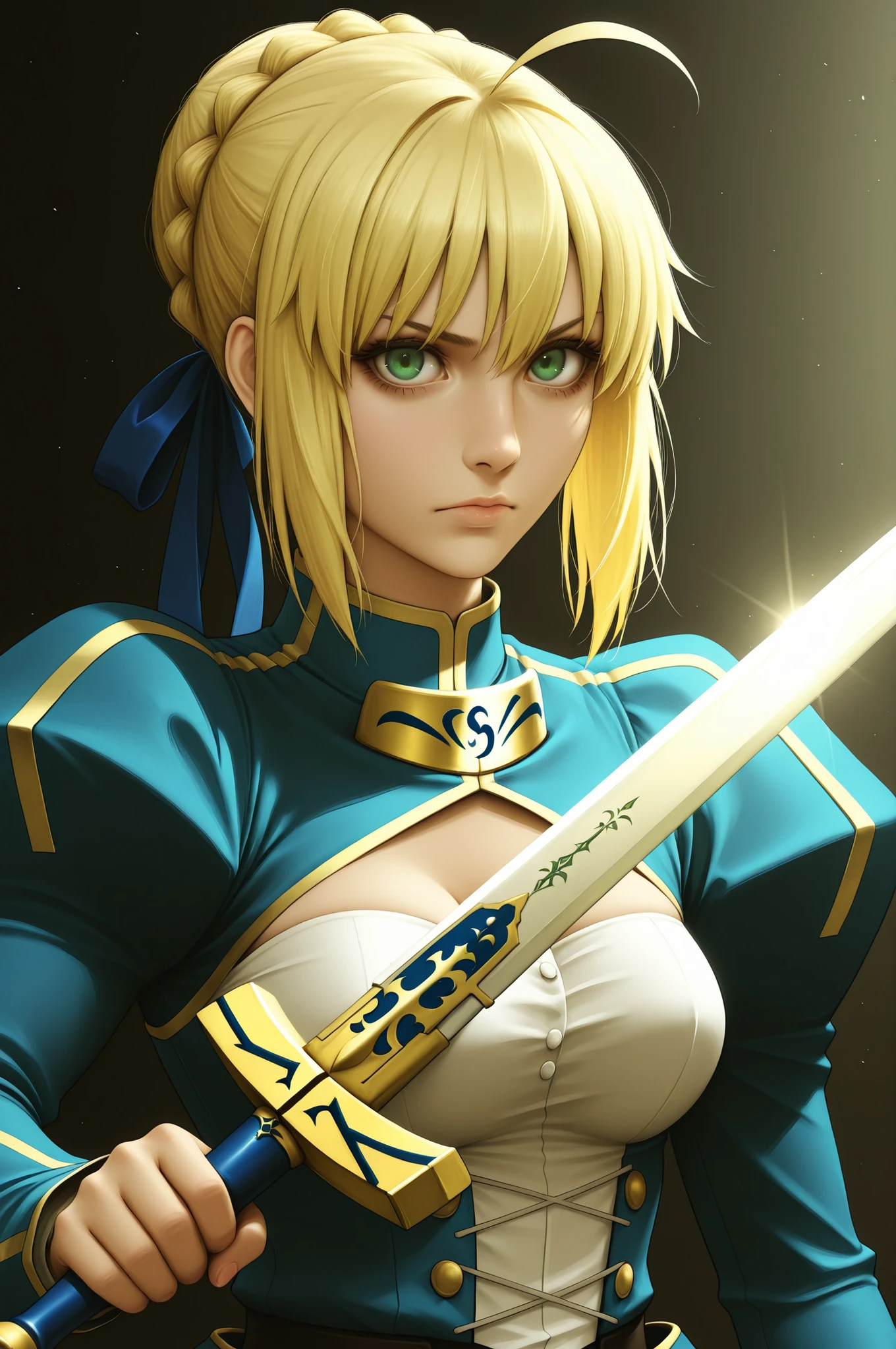 masterpiece, best quality, 2.5D, realistic, ,weapon, holding sword, 1girl, saber, fate_(series), 1girl, blonde_hair, green_eyes, tied hair