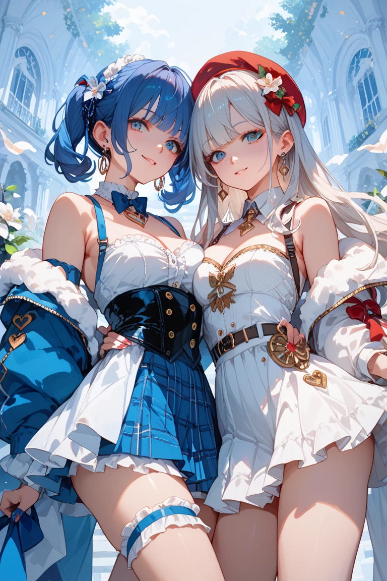 (3heads:1.5), (furina:1.5), (masterpiece, best quality), best resolution, 1girl, ultra-detailed, glistening shiny, glowing light, ray tracing, HDR, deph of field, (perfect face, detailed face, detailed eyes,perfect hands),(medium boobs:1.2),8k,HD,ultra realistic face,ray tracing,perfect lighting,best quality, ultra-detailed, shiny eyes, (looking at viewer,open mouth smile:1.1), ((1girl)), (mature female:1.4),cowboy shot,thighs,pov, long hair,((gradient hair)),multicolored eyes, gradient eyes, (glowing eyes:1.5), mascara, (fashion make up), parted lips,blush,shirt, gloves, long sleeves, hat,jewelry,jacket, white shirt, flower,shorts, black gloves,ascot, thigh strap, blue jacket, brooch, gem, blue headwear, blue flower, white shorts, hat flower, blue rose, tilted headwear, blue gemstone, blue ascot ((middle of japanese countryside,japanese bridge,over the bridge,river,cherry trees,cherry petals,dark blue sky,Koi on river)),(complex background, many elements in the background:1.2),((super detailed background)), mistress poses, ((8k wallpaper)),