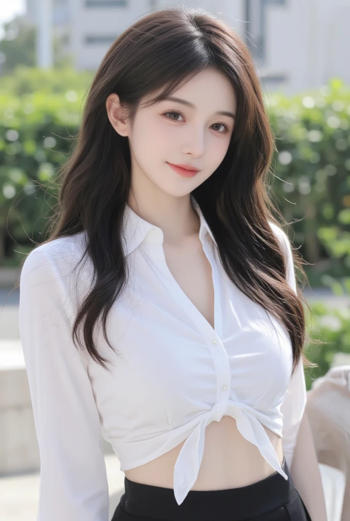 (Highest quality, High resolution, masterpiece :1.3), Tall and beautiful woman, Slim Abs, Dark brown hair styled in loose waves, chest, Wearing a pendant, White button-up shirt, belt, Black Skirt, (Modern architecture in the background), Exquisite expression of facial and skin texture details, Detailed eyes, double eyelid