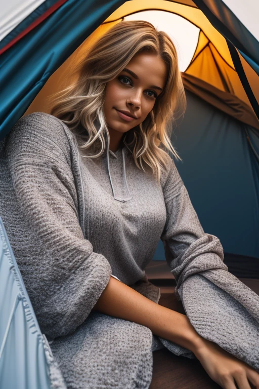 masterpiece, best quality, extremely detailed, hyperrealistic, photorealistic, a beautiful 20s french model, in the night:1.2, warm hue, warm tone, light blue pullover hoodie:1.2, with stars and milky way trails:1.1, sitting near campfire, in forest, real steam visible, smoke, shadows, tent, ultra detailed face, layered hair, blonde hair, pale skin, busty breasts, warm smile:1.1, dynamic pose