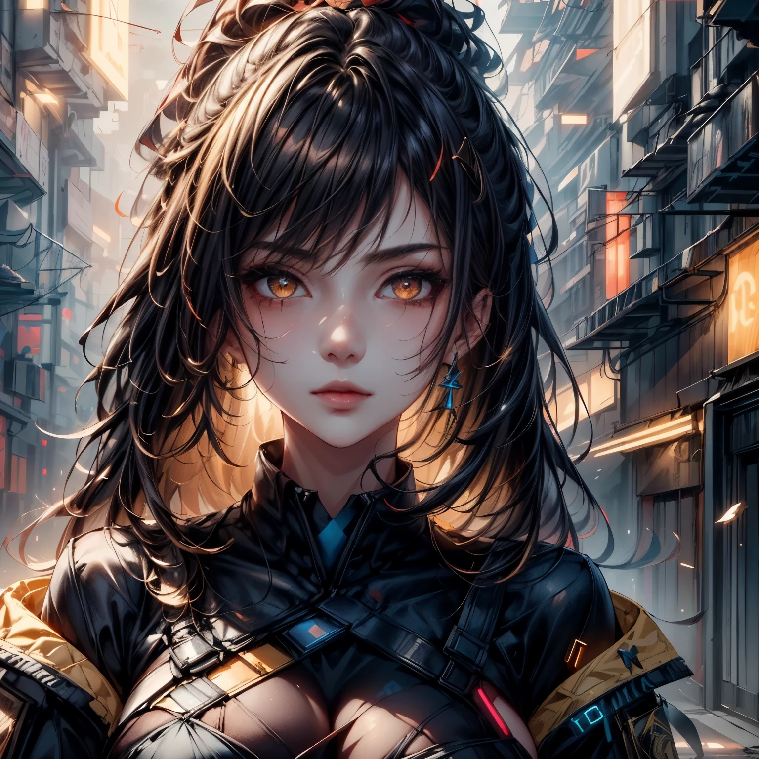 ((best quality)), ((Masterpiece)), ((Enrich the picture,Masterpiece level quality)), golden hair, high ponytail, very big breasts, golden eyes, fierce woman, ultra eyes details, Image of a beautiful cyberpunk woman, FBI uniform, best quality, RAW 4K, Realistically, ( cinematic lighting, moody, textile shading), perfect proportions, ultra detailed, volumetric lighting, soft lighting, glossy skin, beautiful face, Special face details, strong emotions, elegant gesture, Detailed facial features, Long eyelashes, contrast, Incredible atmosphere, Fascinating setting, Haunting beauty ,