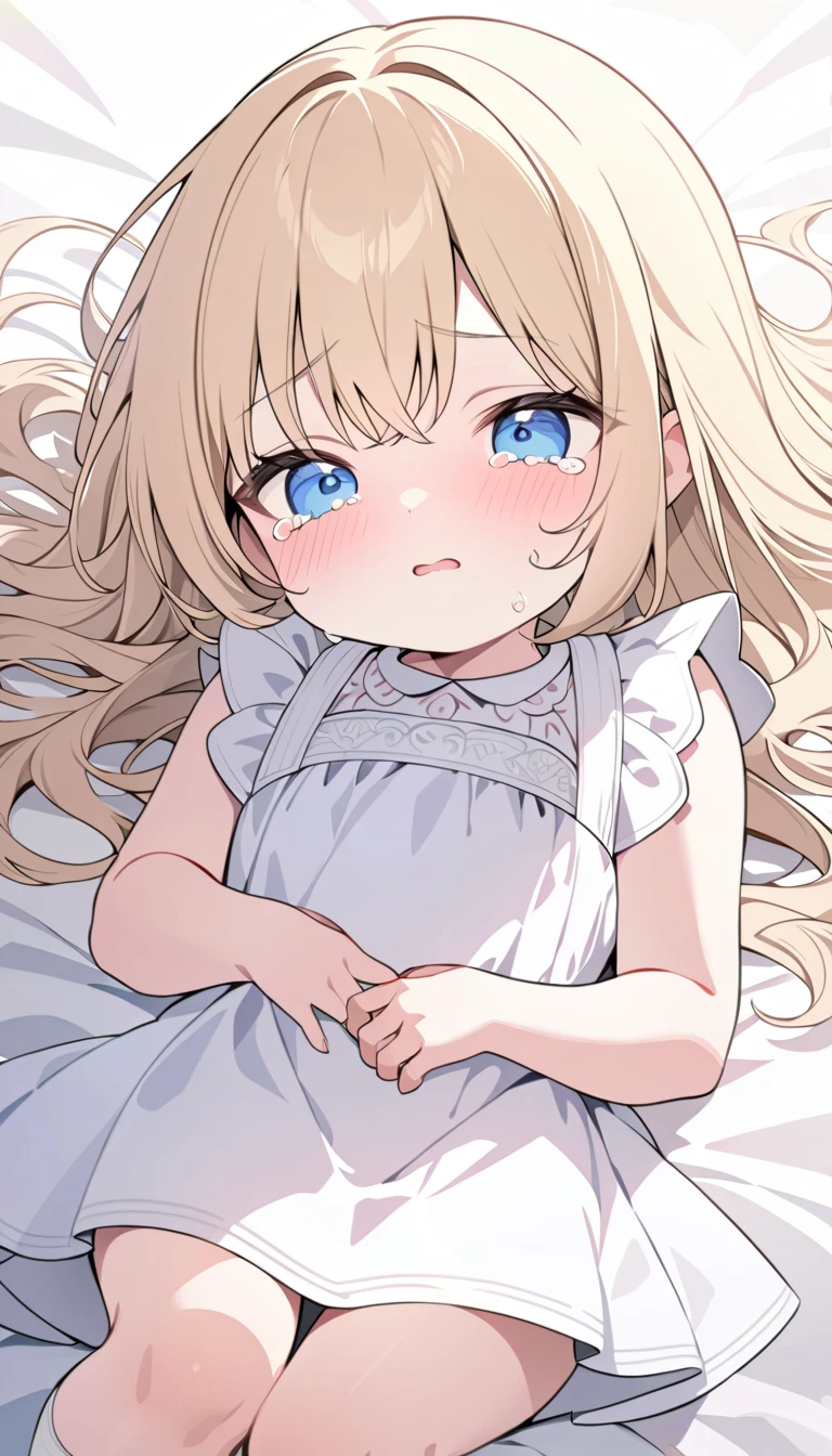  POV dress, girl child , wearing short clothes Tiny , small cup , Crying lying in bed, Barefoot painted nails, arched ,big hair cute