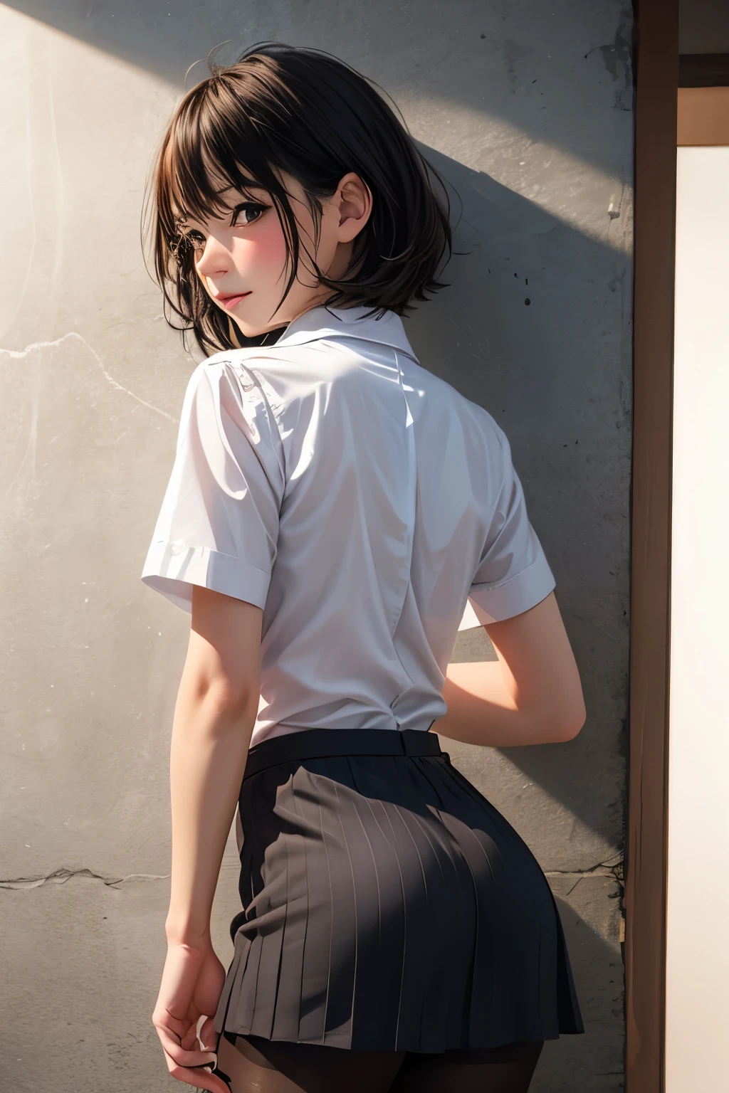 1 girl, blushes,short bob、pantyhose, place your hands on the wall、Arch your back、skirt, suit, Butt, skirt, shirt, high quality, realistic, details, Precision, Portrait, natural lighting, soft colors, High Quality, 4K render, high definition, Photographer, For sensitive skin, anatomically correct, blushes, high definition,