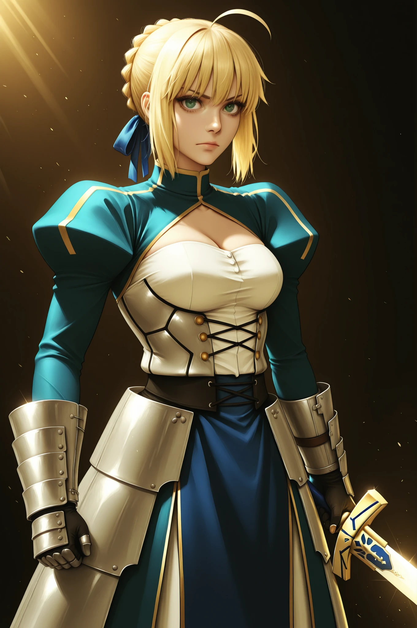 masterpiece, best quality, 2.5D, realistic, ,weapon, holding sword, 1girl, saber, fate_(series), 1girl, blonde_hair, green_eyes, tied hair