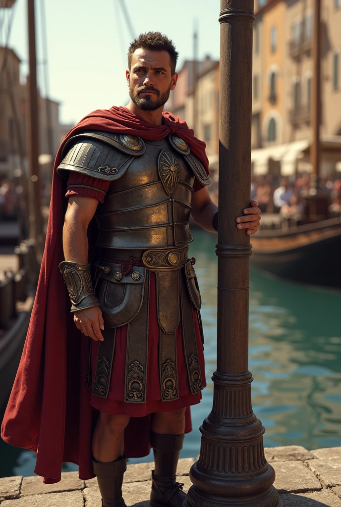 Close-up of a man in Roman gladiation costume, roman гладиатор, Dressed in Roman armor, At the Colosseum, attractive muscular man in armor, , in a гладиаторs arena landscape, Roman centurion