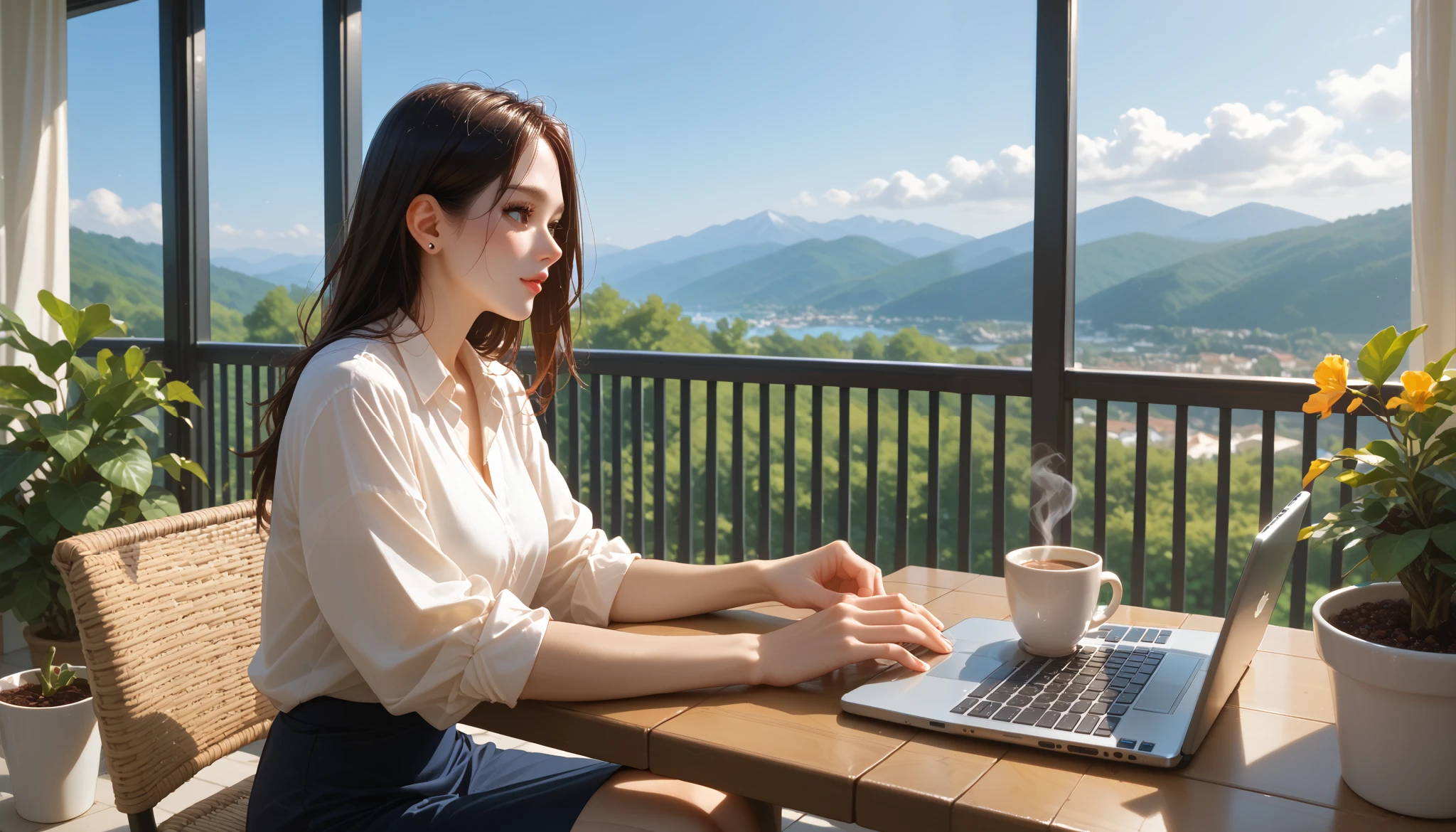 "A beautiful face and nice body, a woman sitting on a balcony, working on her laptop." She is dressed casually, with a cup of coffee on the table. The fresh air and scenic view create a refreshing and inspiring work environment.