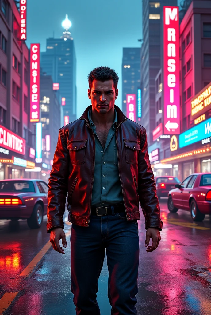 (masterpiece, Best Quality, High resolution, Fondo de pantalla de unidad de 32K, Extremely detailed CG:1), (weak illustration on stage:1.0), ((1 young and handsome cyberpunk:1.5 dancing in the rain:1.7 )),(( cyberpunk night city:1.4)), neon signs futuristic cars,dark place rain, ((wet clothes magenta neon lights perfectly illuminating the young tall man:1.45) . 32K