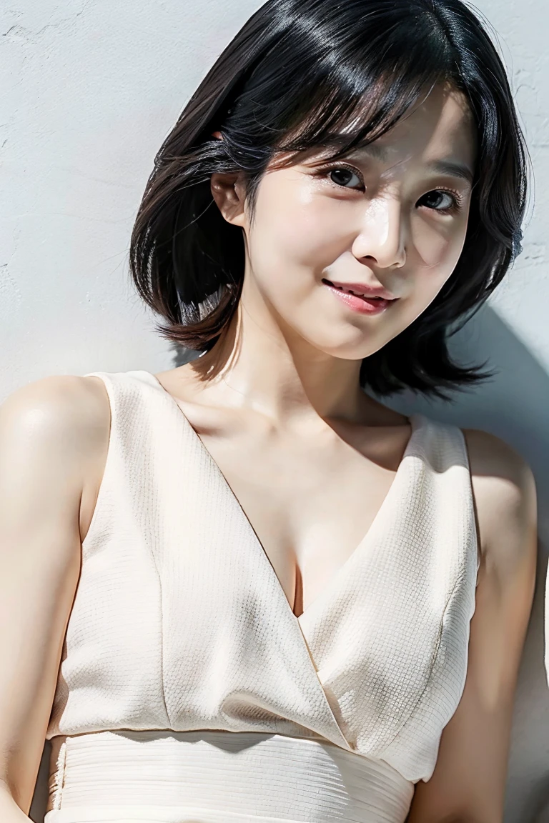 Very Short Hair Black Hair A seductive smile Skirt 40 years old Japanese Plain T-shirt G-cup breasts Surreal