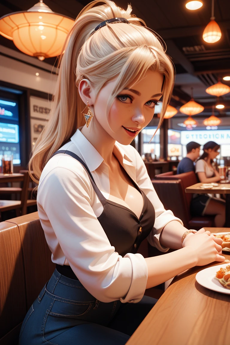 tall college woman((shoulder-length blondehair); cute; blue eyes; large breasts; pale skin and features; girl-next-door look; soft and cute features); sitting in a cafeteria; best quality; trending on artstation; dark room with complex volumetric lighting; strong shadows; artistic lighting; dynamic; energetic vibe; realistic skin; specular highlights; micro-textures; highly detailed hair; fashionable pants-suit; extremely athletic
