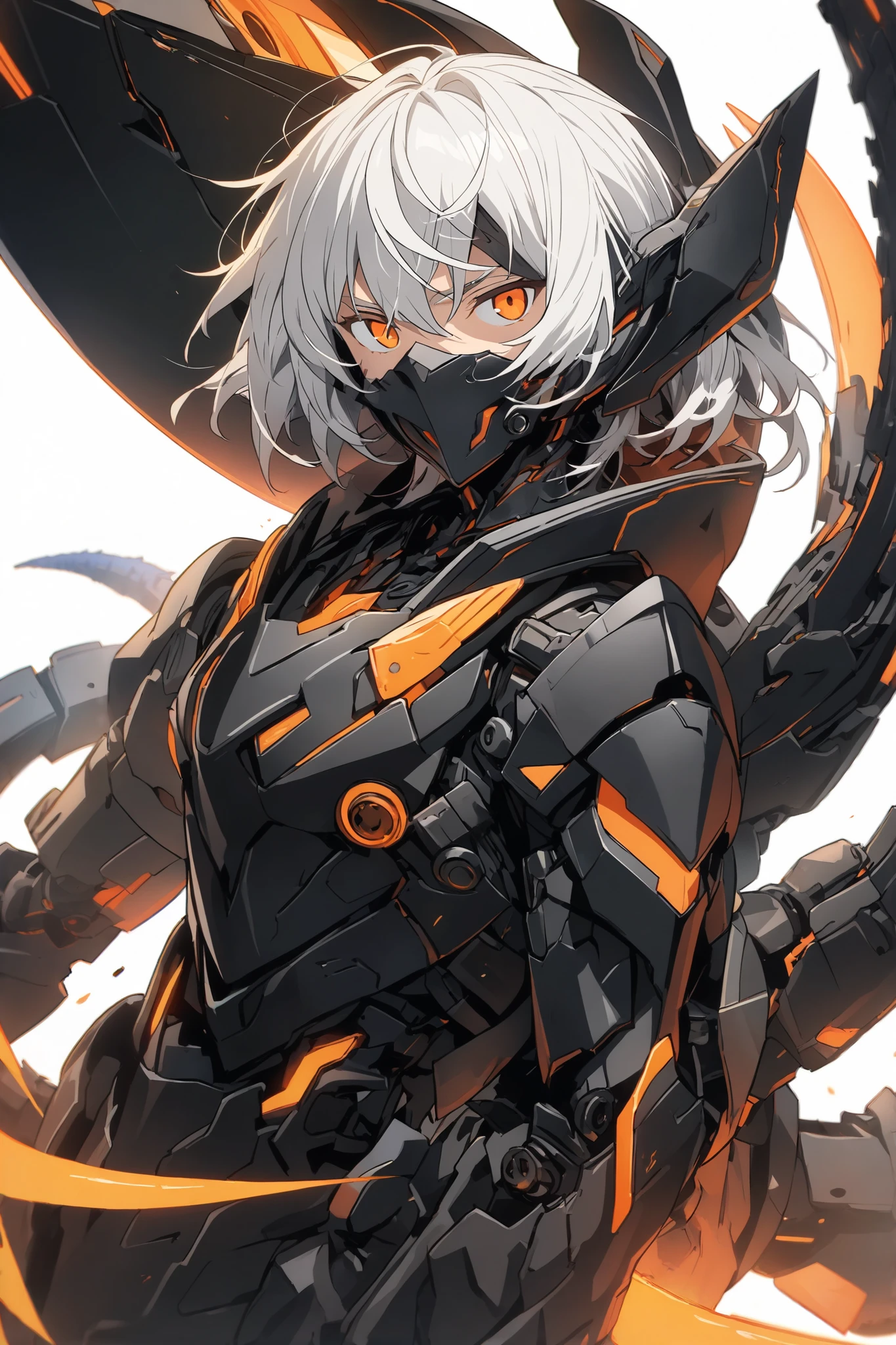 [(WHITE BACKGROUND:1.5),::5], ((masterpiece)), high quality, ultra very high resolution, full color, ((solo)), (boy), Black cyborg armor, (assassin armor), ((mechanical tail)), ((men's White hair)), (Orange eyes), anime, (upper body), Orange neon light,