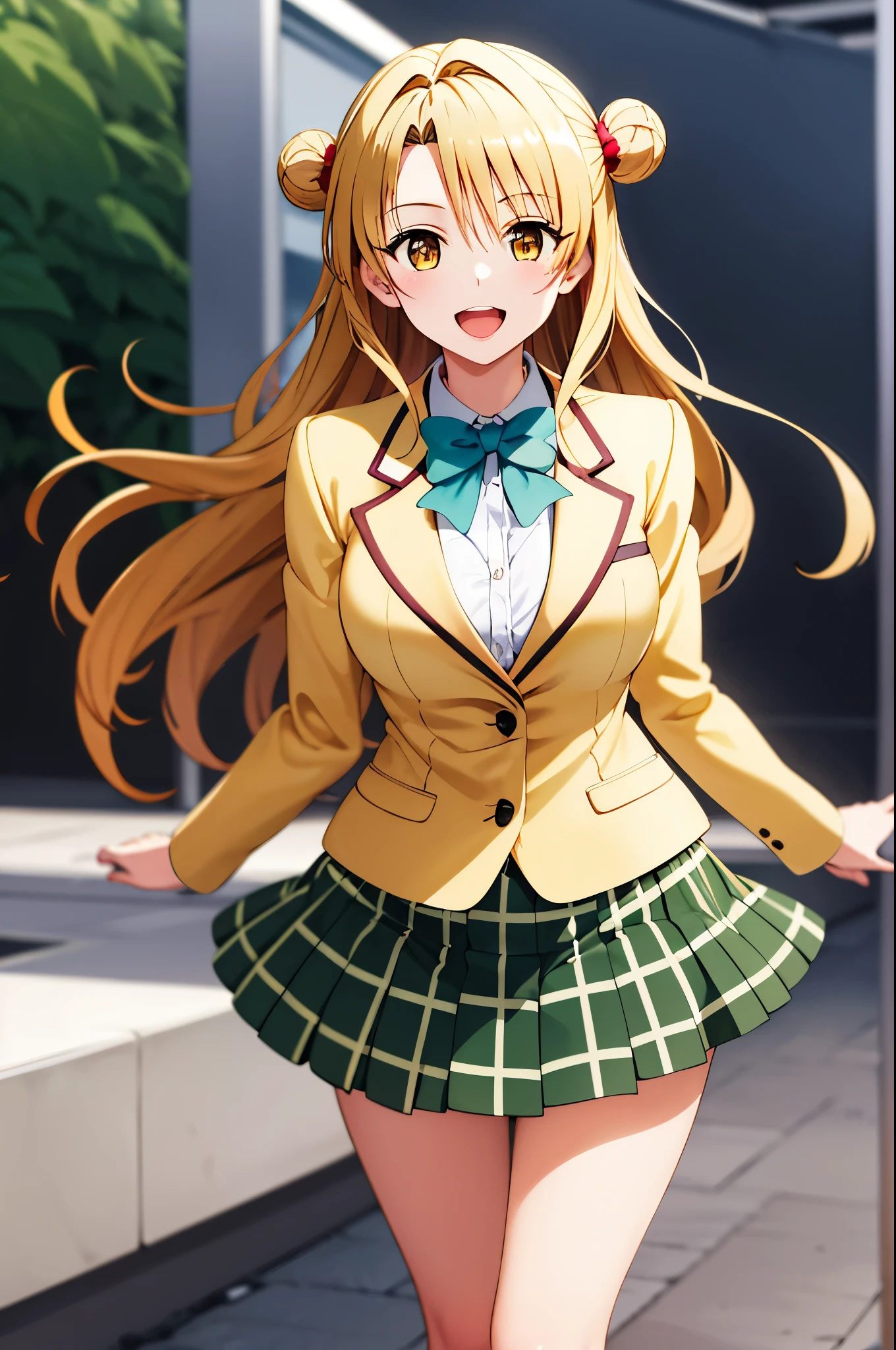 masterpiece, best quality, highres, 1girl, solo, long hair, blonde hair, double bun, brown eyes, school uniform, green bowtie, blazer, yellow jacket, long sleeves, plaid skirt, green skirt, standing ,spread arms, building, smile,open mouth ,glossy lips,