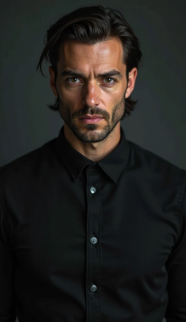 Jeune homme musclé, visage carré, yeux vert, brun, cheveux bouclé mi long, barbe courte, hispanique, chemise blanche et veste de costume noir