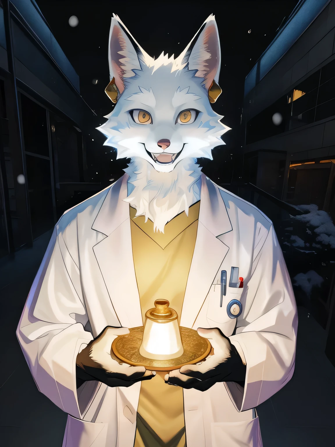 perfect anatomy, bright gold eyes, by milkytiger1145, by k0bit0wani, furry, Snow Fox, (felis:0 . 25), male, solo, White coat, Fake Smile, doctor, black right half face, black right ear, labcoat over scrubs, Uncanny Valley, The smile that feels like Valley of Terror, Gold earrings, Holy Light, Horror light, masterpiece, best quality
