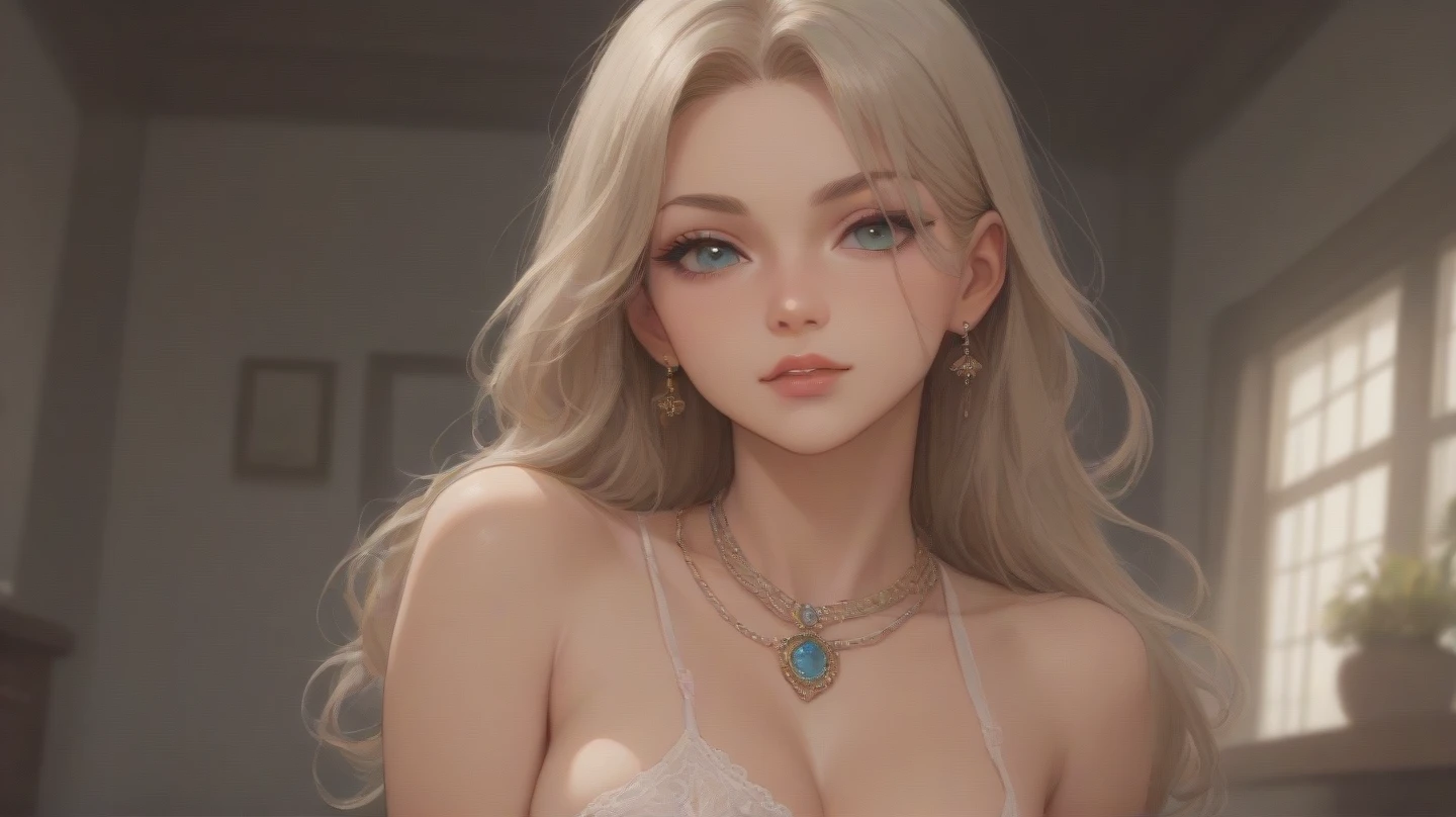 Beautiful big breasts, (bokeh), indoors, detailed luxury living room, gentle and charming beautiful goddess, Korean(kpop-idol), solo, smooth skin, necklace, (grey hair, blue eyes), oval face, double eyelids, smart, good hands, good feet, Natural, (from below angle), (glossy skin:1.05), ((low angle)), Perfect figure, (64k, UHD, RAW photo, best quality, masterpiece:1.4), (realistic, photo-realistic:1.37), ultra high res, photon mapping, radiosity, physically-based rendering, professional soft lighting