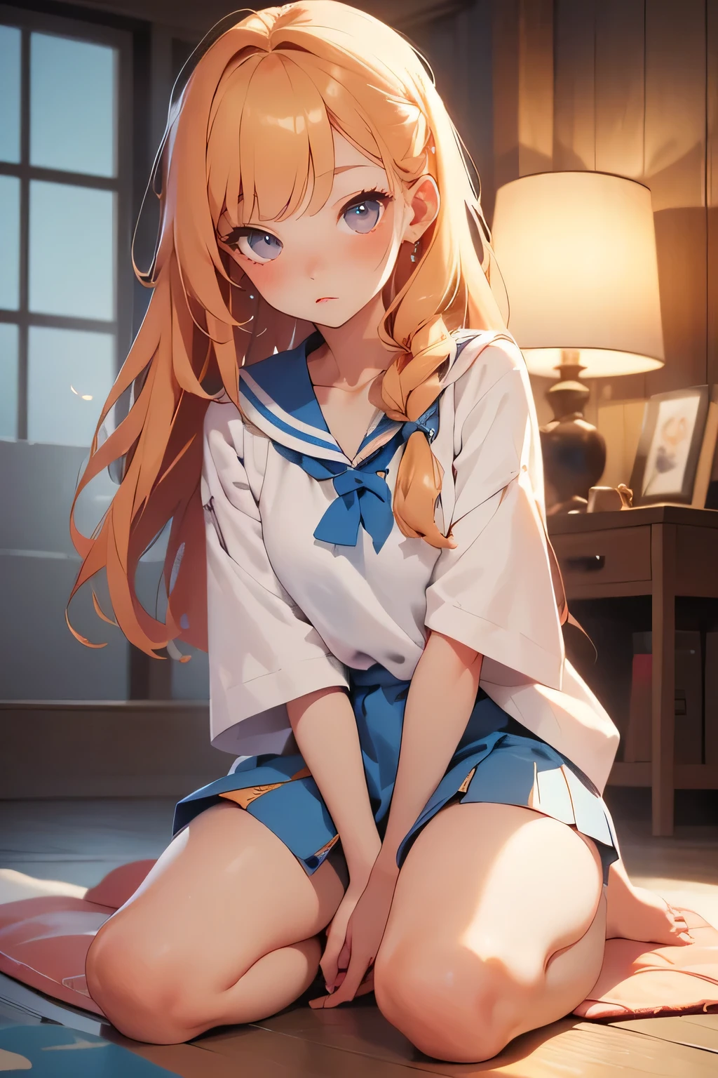 (masterpiece, best quality, highly detailed, ultra detailed, high resolution, absurdres, 4K, 8K:1.2), 
BREAK,shimakaze uniform, 16 years GIRL,Blonde_HAIR,(RED Ribbon on HAIRband:1.2),(pointy_groin,squatting,from below)