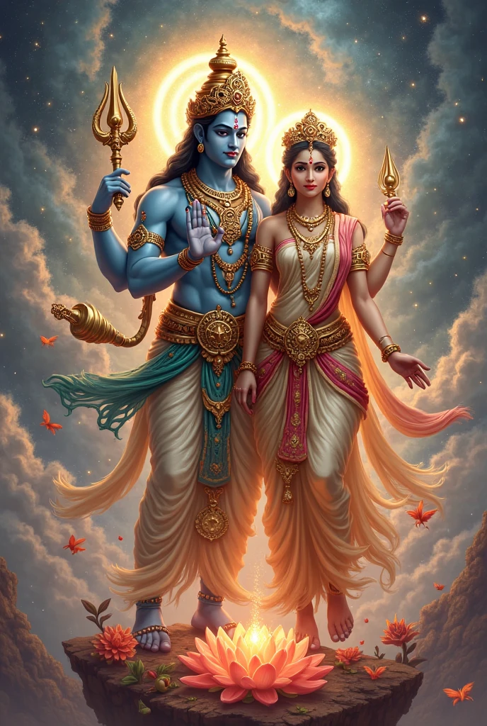 Lord vishnu, with four hands, wheel,conch, mace , lotus, holding in hands, divine aura behind him with wife goddess laxmi, she is also four arms and pink saree draw dynamic and detailed