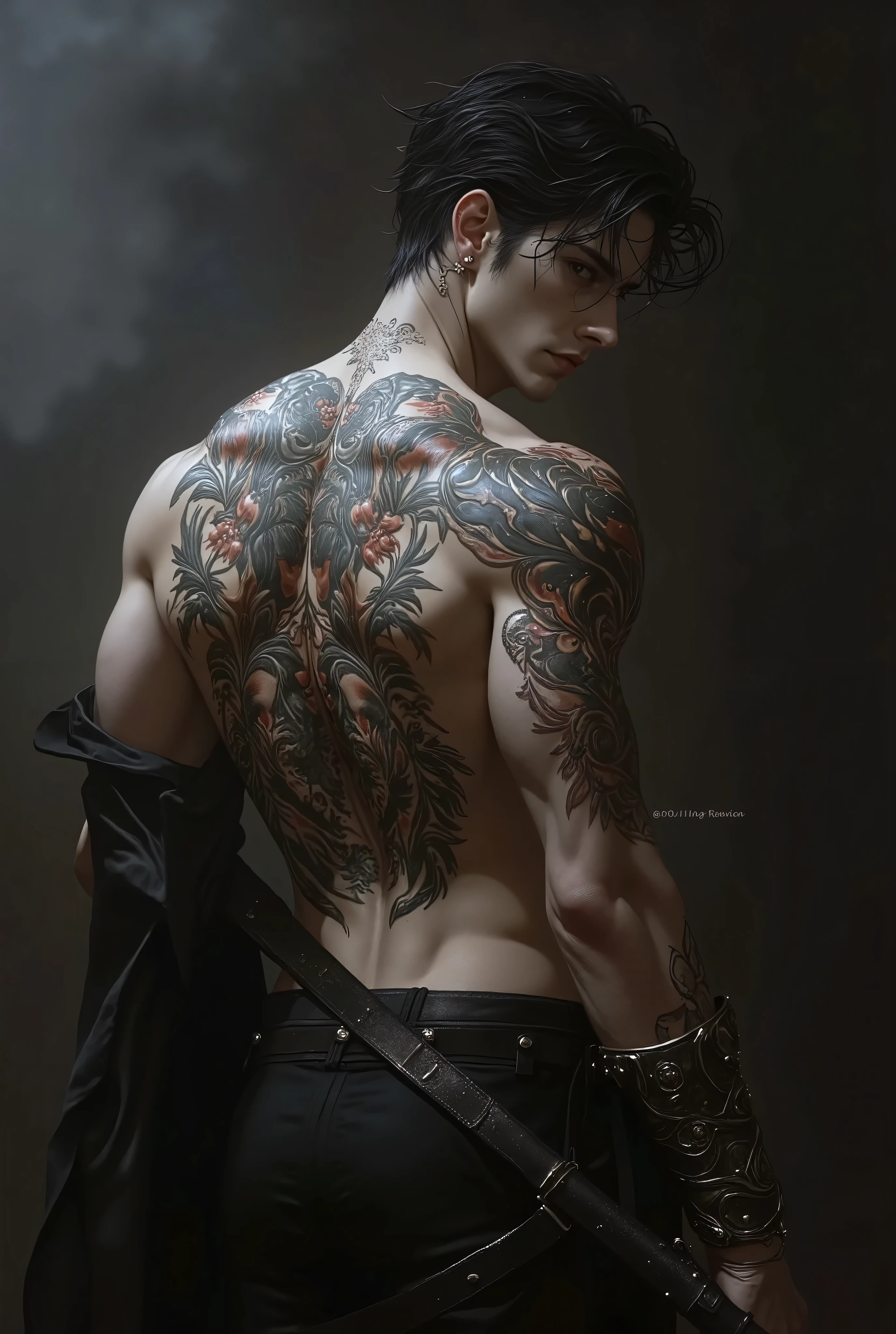Sexy brunette man with samurai tattoo on his back
