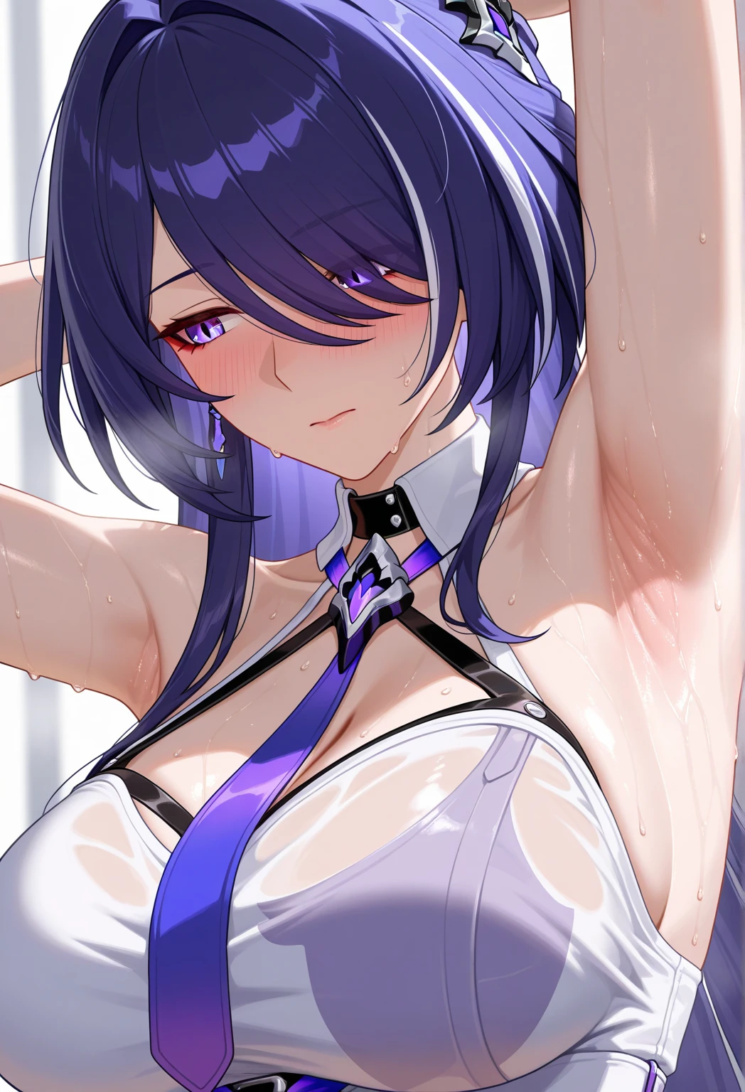 Cyberpunk themed, really sexy anime girl, wearing white and black sweatpants, and also wearing a black half cut tank top with a pink push-up bra underneath, she has green eyes, and she has a perfect body, and in a happy mood, she also has blue and purple hair, collosal tits, She is very lustful as well