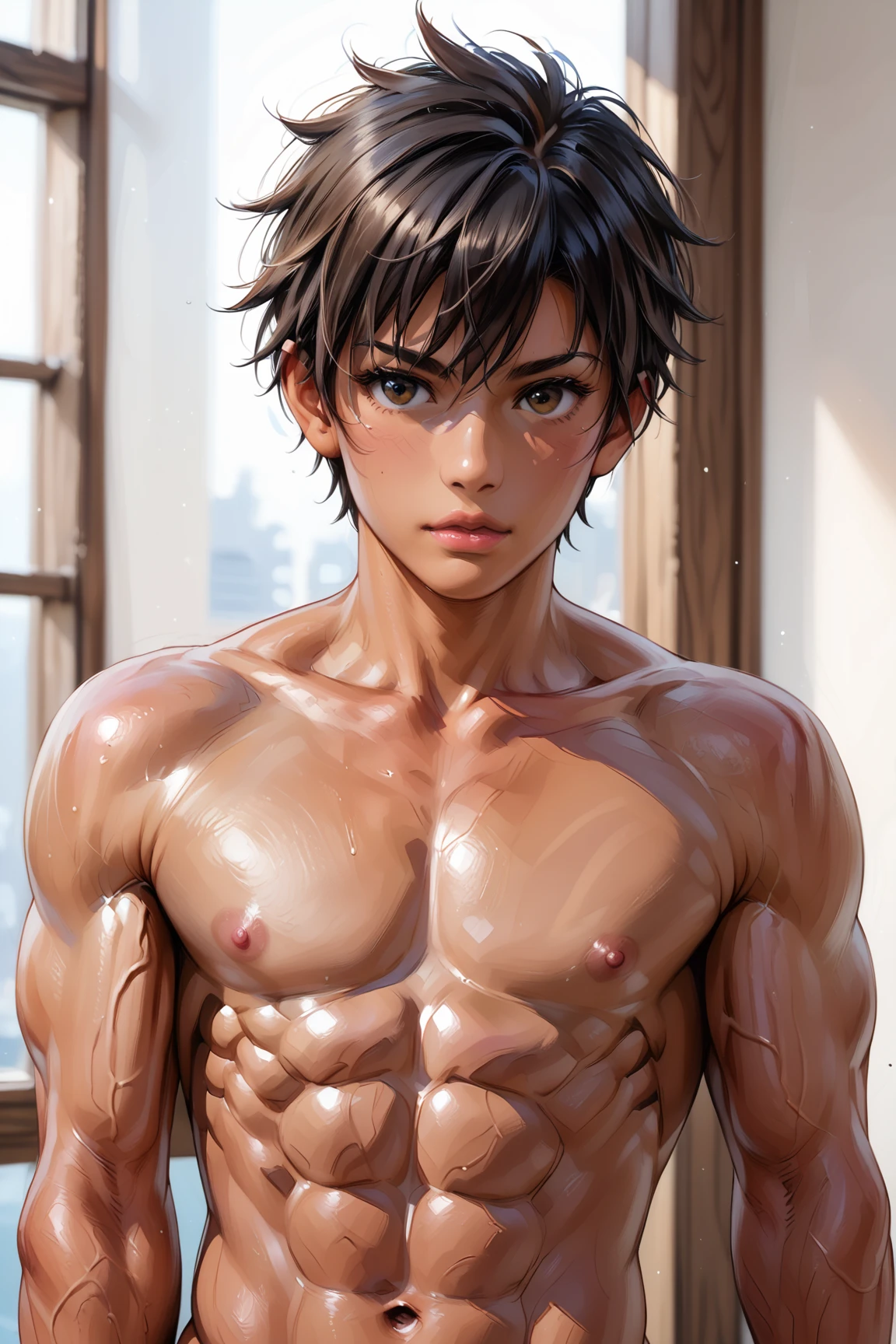 masterpiece, ((Beautiful Boy)), ((logic)), ((High resolution)), RAW Photos, The veins in his arms are visible, Perfect limbs, Beautiful double eyelids, Depth of the written border, Cinema Lighting, Delicate depiction of hair, (good looking), Familiar, There's no one here, Beautiful Nose, Observe the audience, ((首logicまで少しカールした黒のショートヘア)), (Nude),, ((Shiny, Hairless muscle)), Ancient Egyptian Room, smile, Very beautiful and pretty face,(Egyptian attire),