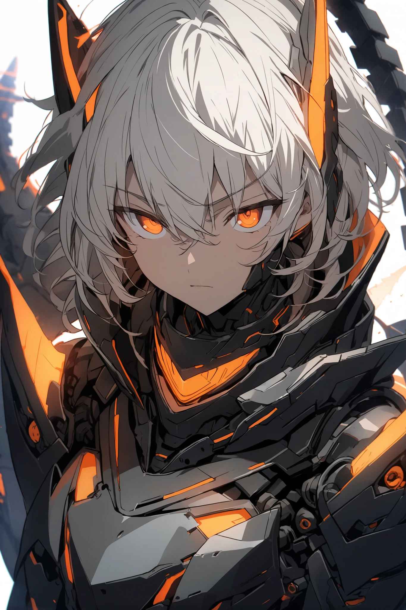 [(WHITE BACKGROUND:1.5),::5], ((masterpiece)), high quality, ultra very high resolution, full color, ((solo)), (boy), Black cyborg armor, (assassin armor), ((mechanical tail)), ((men's White hair)), (Orange eyes), anime, (upper body), Orange neon light,