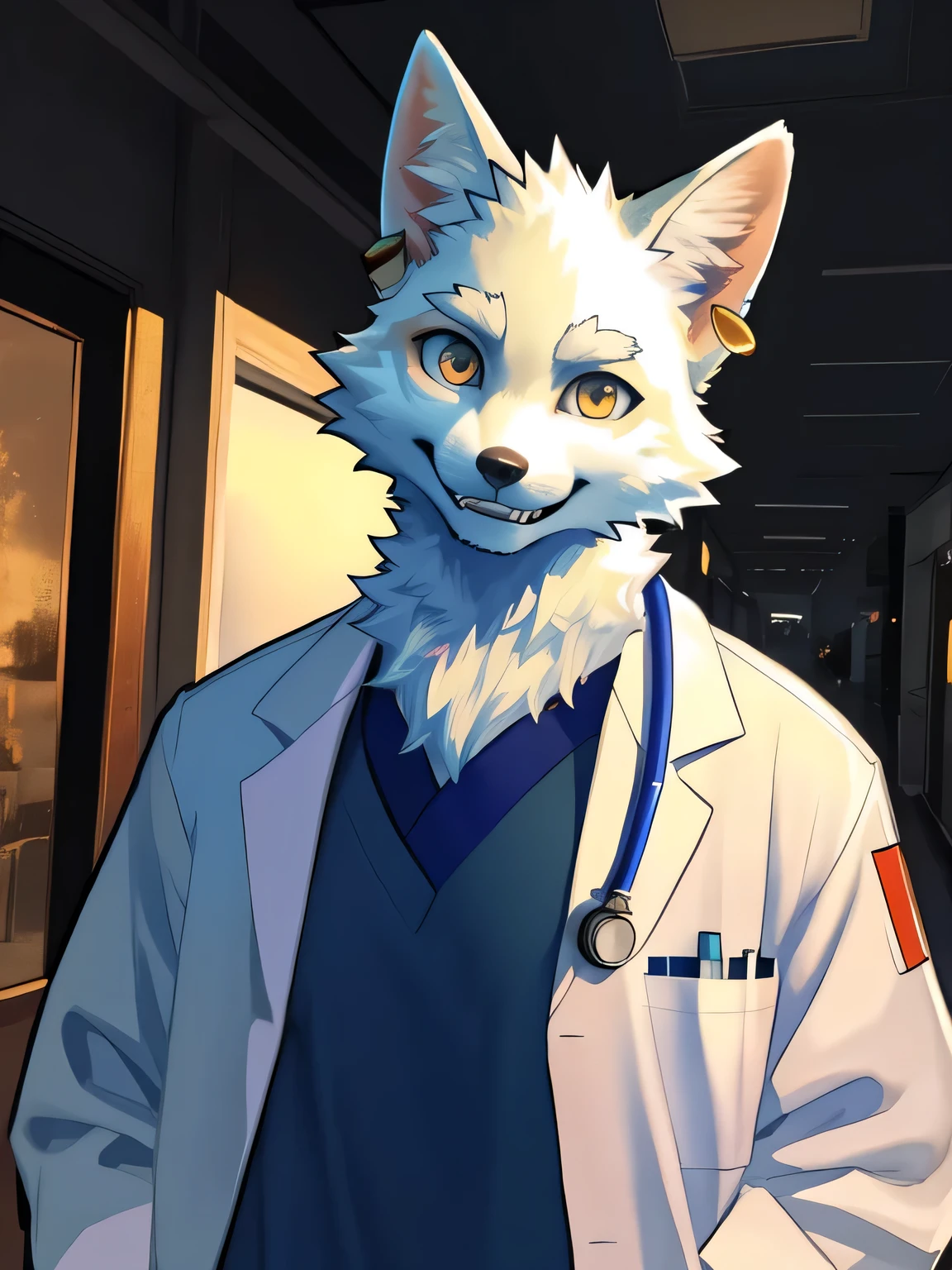 perfect anatomy, bright gold eyes, by milkytiger1145, by k0bit0wani, furry, Snow Fox, (felis:0 . 25), male, solo, White coat, Fake Smile, doctor, black right half face, black right ear, labcoat over scrubs, Uncanny Valley, The smile that feels like Valley of Terror, Gold earrings, Horror light, Strange Atmosphere, masterpiece, best quality