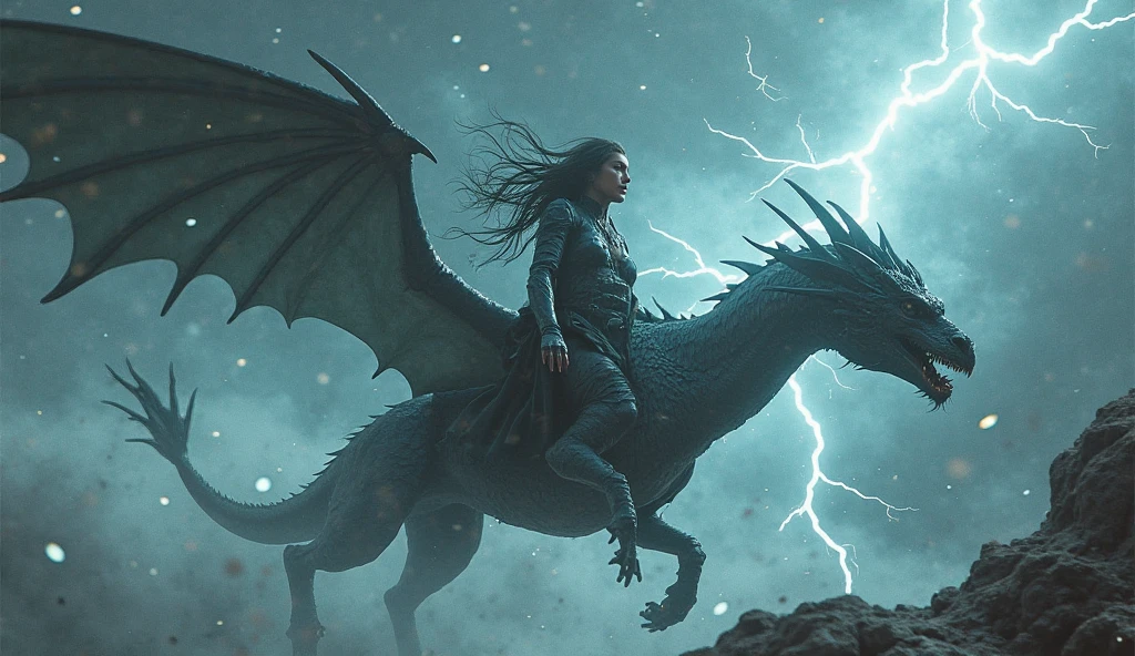 A black dragon with blue eyes, his height is unreal, It&#39;s huge. Between his legs, a woman with curves to die for emerges., dressed in black, His clothes are of a warrior type, She has her black hair loose with silver tips, Indifference is reflected on his face. His eyes are black, Her skin is white, Her eyelashes and eyebrows are abundant and her lips are full and red.. Around his waist and right leg he has sheathed daggers. The setting is both a mountain top over giant black rocks, The sky is greyish with lightning and the dragon&#39;s wings spread out, The dragon&#39;s gaze is one of pure anger. 