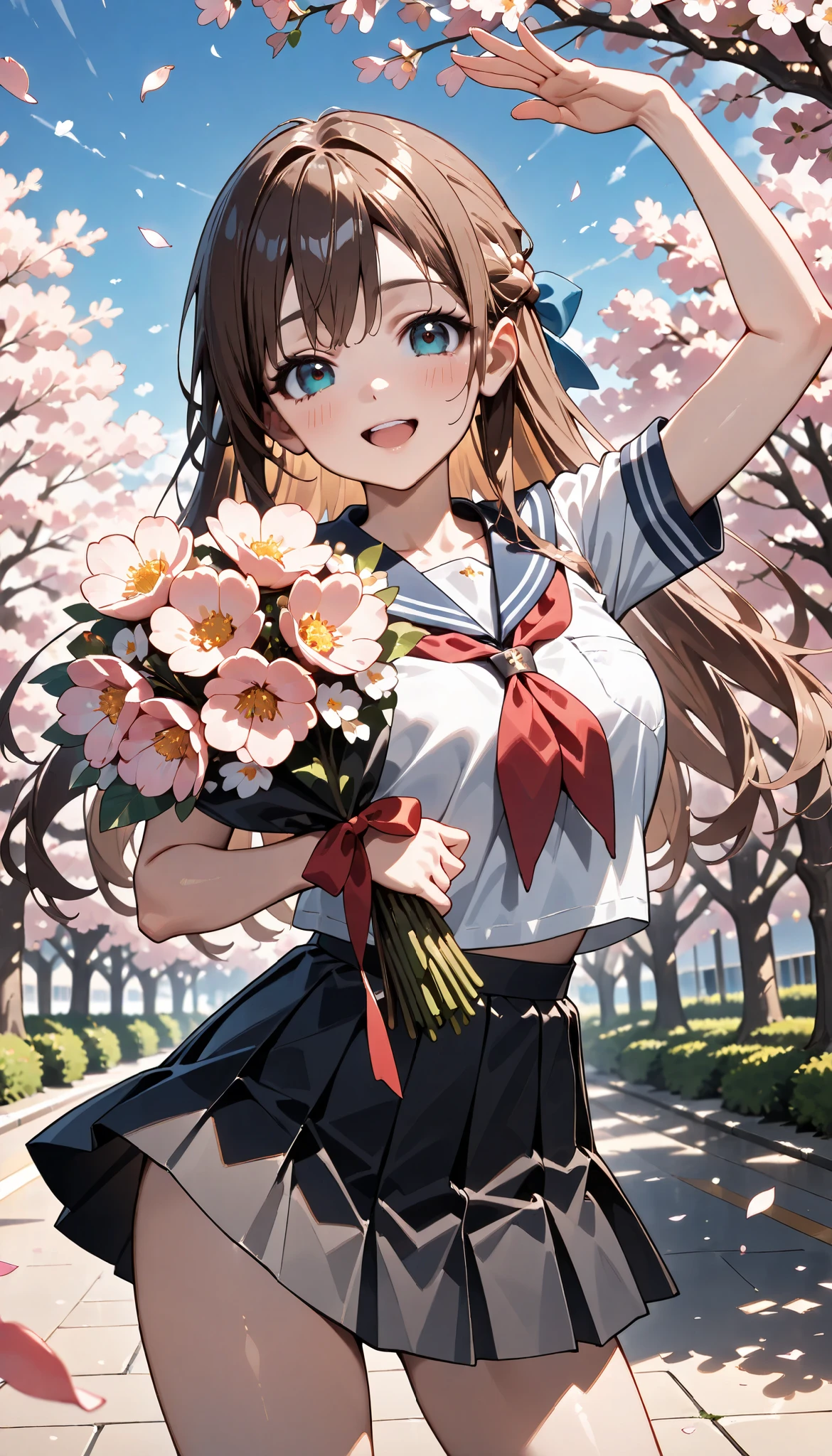 ((ultra-detailed)), (highly detailed CG illustration), (best quality:1.2), ultra-highly detailed, colorful composition, artistic photoshoot, 1girl, solo focus, ((cowboy shot:1.4)), moe anime character, girl, dainty facial structure, (baby face), (round face), ((rounded chin:1.2)), blue eyes, ((black hair color)), ((long hair)), ((half updo)), ((hair ribbon with red)), ((fluttering hair)), ample breasts, school uniform, sailor suit, traditional Japanese style with navy blue and white colors, navy blue pleated skirt, white panties, ((happy:1.5)), ((joyful:1.5)), ((laughing:1.4)), ((blush:1.4)), ((Sweat:1.4)), ((holding a colorful biggest bouquet:1.4)), ((looking viewer)), ((standing along the cherry blossom trees:1.4)), ((cherry blossom petals dancing:1.4)), ((Cherry blossom petals dancing)), from front, ((dynamic pose)), ((contrapposto pose)), best quality, masterpiece, expecting, pink cheek, blush, light pink gloss slip, portrait, depth of field, soft lighting, sidelighting, (shine), lighting, caustics, ray tracing, smile, perfect face, lustrous skin, highly detailed face, highly detailed eyes, perfect face, perfect nose, perfect hair, perfect eyes, perfect anatomy, beautiful hair, beautiful small face, extremely detailed face, beautiful detailed eyes, beautiful clavicle, beautiful body, beautiful huge breasts, leavage, breasts squeezed together, equalize the size of the left and right breasts, beautiful thin thighs, beautiful legs, beautiful fingers, 4 fingers, 1 thumb, lovely, (very detailed background:1.0), (highly detailed background:1.0), spring aesthetic, intricate details, joyful atmosphere, spring colors palette, chromatic aberration