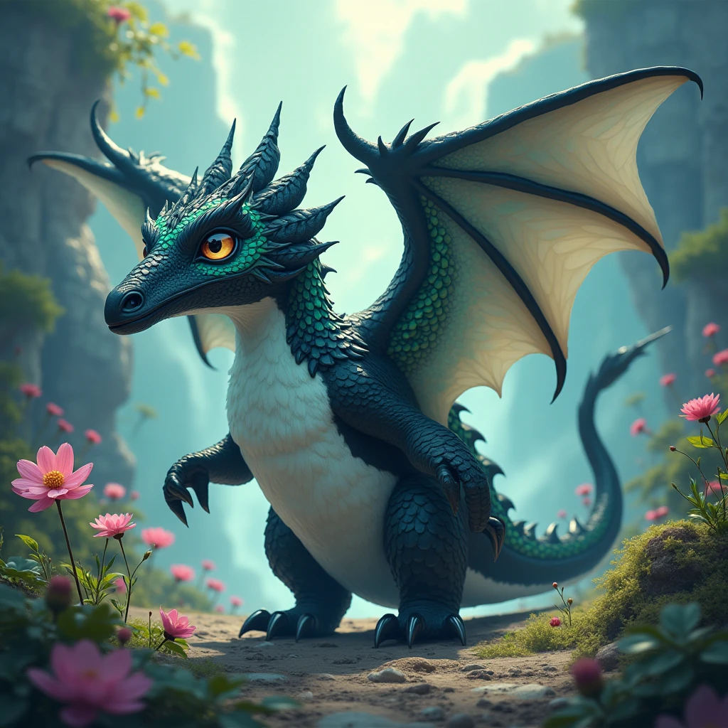 Wings:1,(best quality,realistic,ultra-detailed),dragon and bearded dragon hybrid,bearded dragon,tan and albino blue dark coloring,scaly texture,detailed scales,sharp claws,piercing eyes,long tail,wings sprouting from the back of the dragon,majestic posture,in a lush garden surrounded by blooming flowers,on top of a moss-covered rock,soft sunlight casting warm shadows,vibrant colors,powerful presence,natural blending of dragon and bearded dragon features,exquisite attention to detail, horn, swam environment