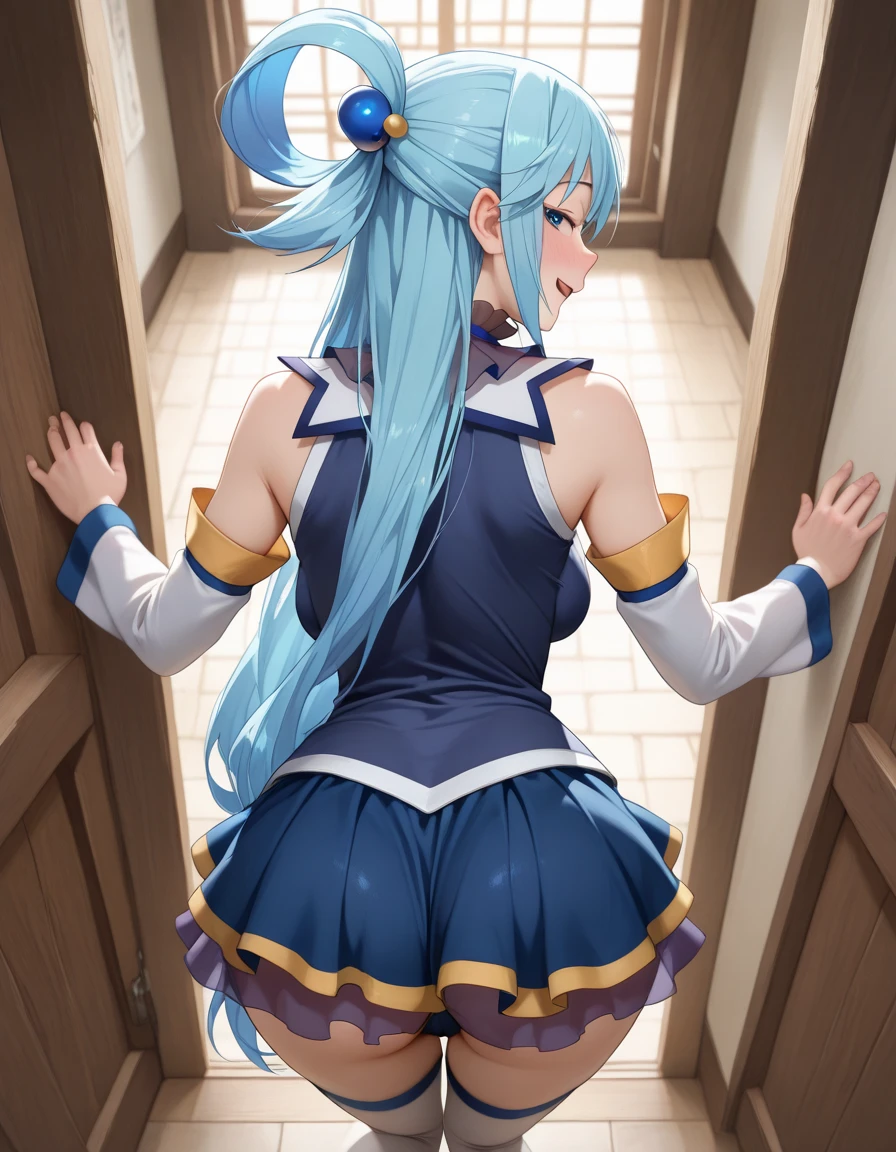 Aqua, Long Hair, Blue Hair, Hair Ring, hair ornaments, choker, Bare shoulders, Green ribbon, Blue Shirt, Removable sleeves, Blue Skirt, Knee socks,(((Raise :1.3))),(Asscus,From behind:1.3)(Pussy ll view:1.3)Detailed pussy,(Reca all fours:1.3),(Camel Toe:1.3), ce,Noise Reduction,Perfect Anatomy,High resolution, Super detailed,Game CG,Dutch Angle ,Beautiful attention to detail,Visual Arts,Five Fingers, Perfect hands, Perfect lighting,