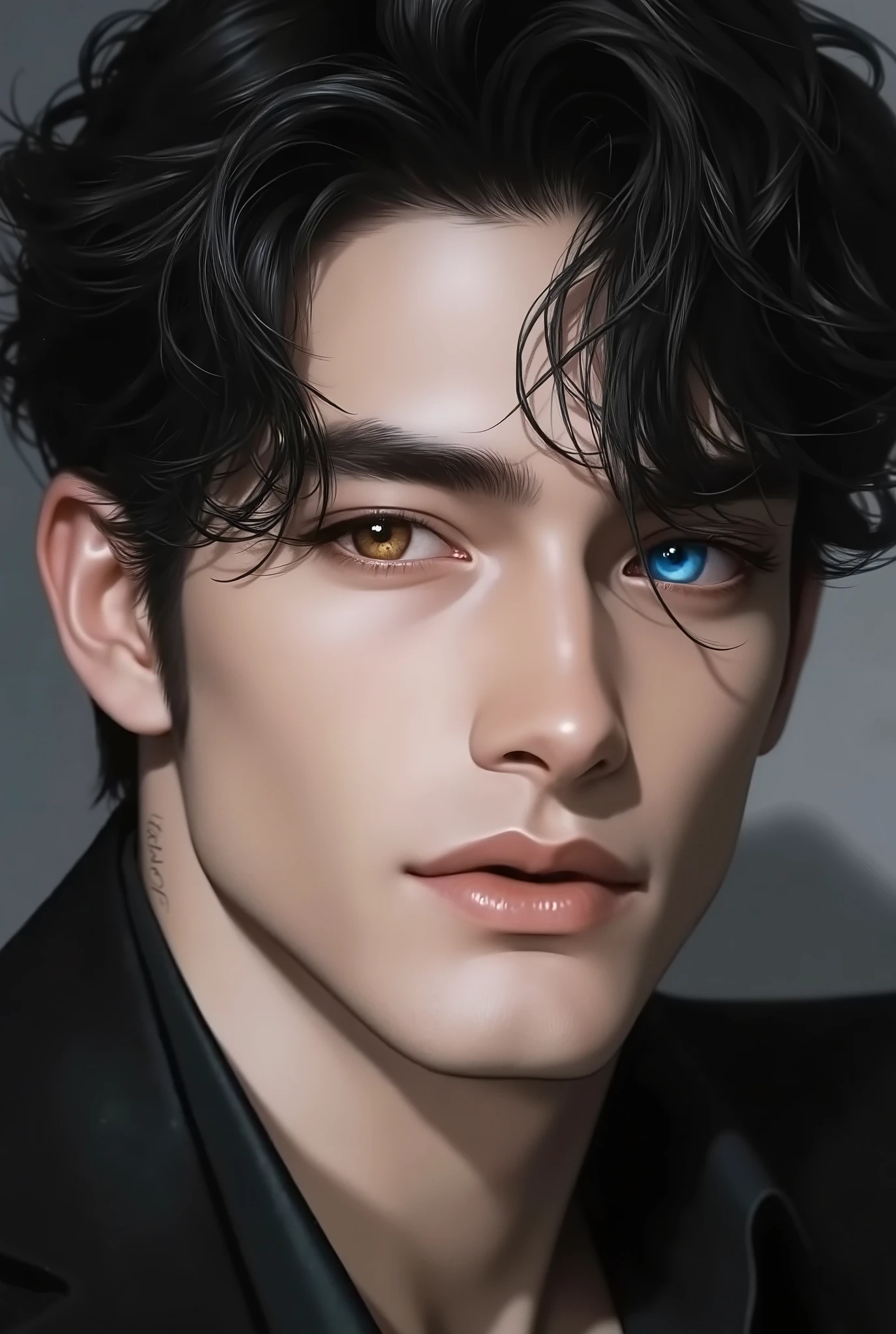 Make a 29 year old man who is malaysia Malay, young and attractive face, with one brown eye and one blue eye, somewhat medium and black hair