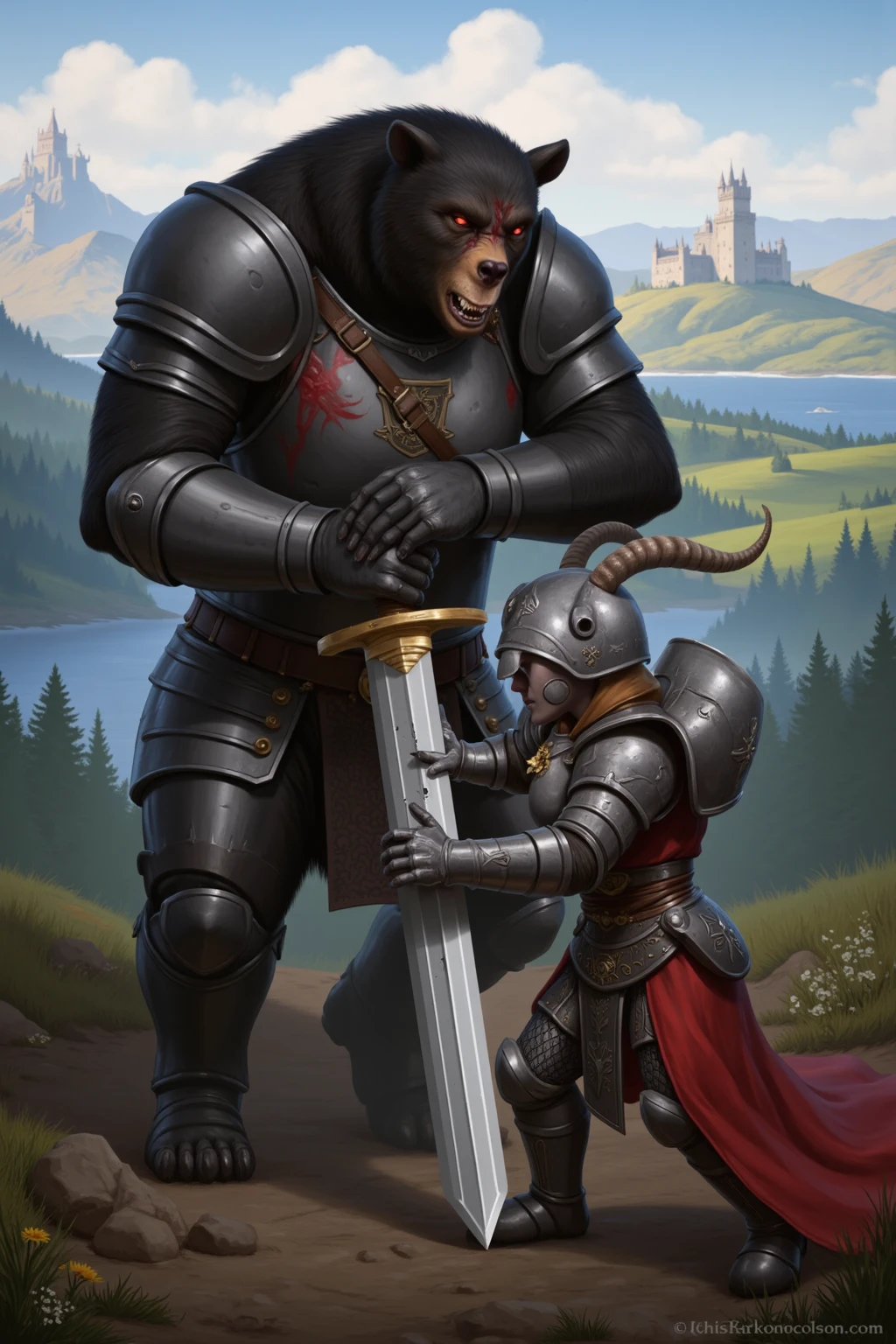 Kind Minotaur paladin dressed in armor with white details with a silver sword in the sheath at his waist kneeling helping a child in need