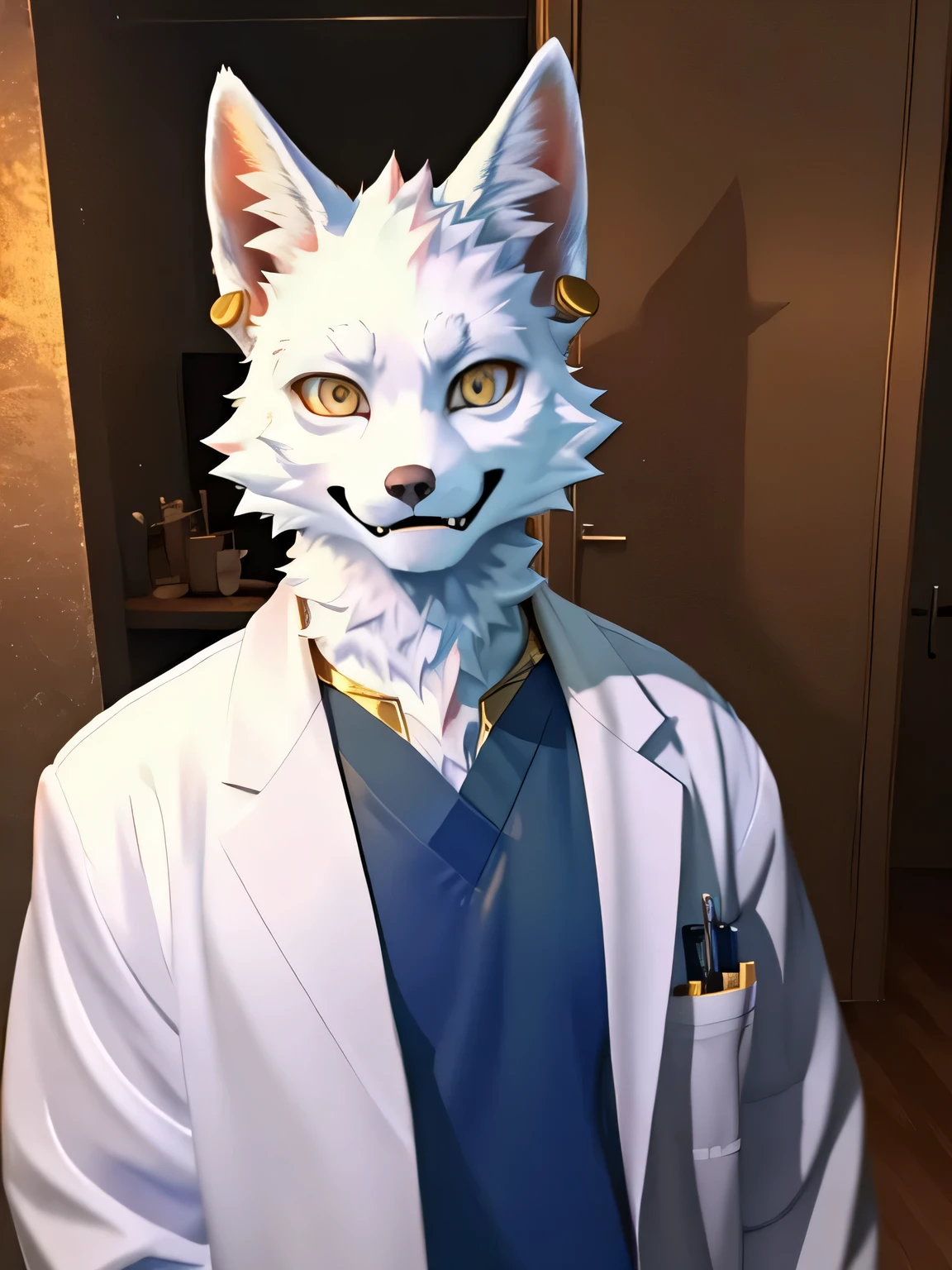 perfect anatomy, bright gold eyes, by milkytiger1145, by k0bit0wani, furry, Snow Fox, (felis:0 . 25), male, solo, White coat, Fake Smile, doctor, black right half face, black right ear, labcoat over scrubs, Uncanny Valley, The smile that feels like Valley of Terror, Gold earrings, Holy Light, Horror light, masterpiece, best quality