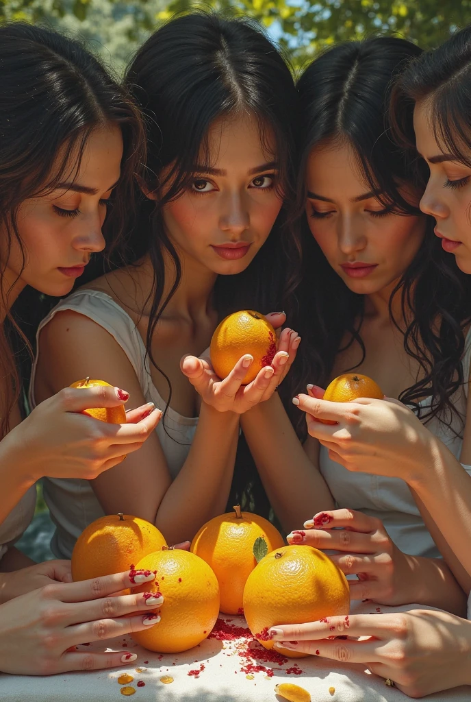beautiful 2 woman portrait:1.4、eastern european (Decorate the whole body with cut fruits:1.5)、Realism, (Cowboy Shot:1.5, Photographed from above in the center of the front、Close-up of a woman:1.5)、 (Anatomically correct body structure)、Normal body type、Sporty ass, Highly detailed reclining body、extreamly detailed crotch、Tight waist、Big Breasts、Beautiful and detailed face,、smile、Seductive lips、Captivating eyes、Dramatic lighting、Natural Color、 Structure of the film, elegant、Sensual and erotic、Photorealism,