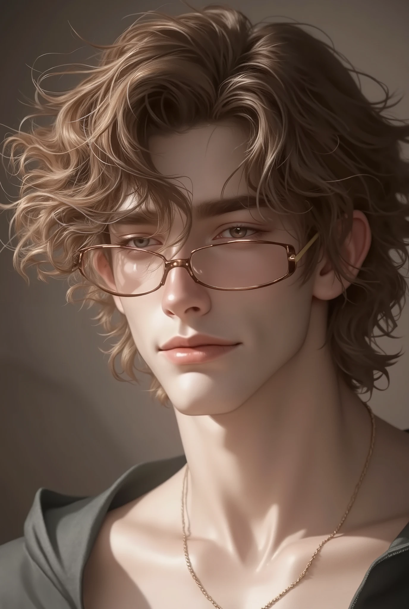 Create my ideal type, man, high like 1.85m, thin but marked, pale whites skin, long curlys honey brown wavy messy high hair, Without beard, with glasses, puppy eyes, de aproximadamente 18 años Muestralo de cuerpo completo Creo que te pedí Without beard, body hair, and with glasses