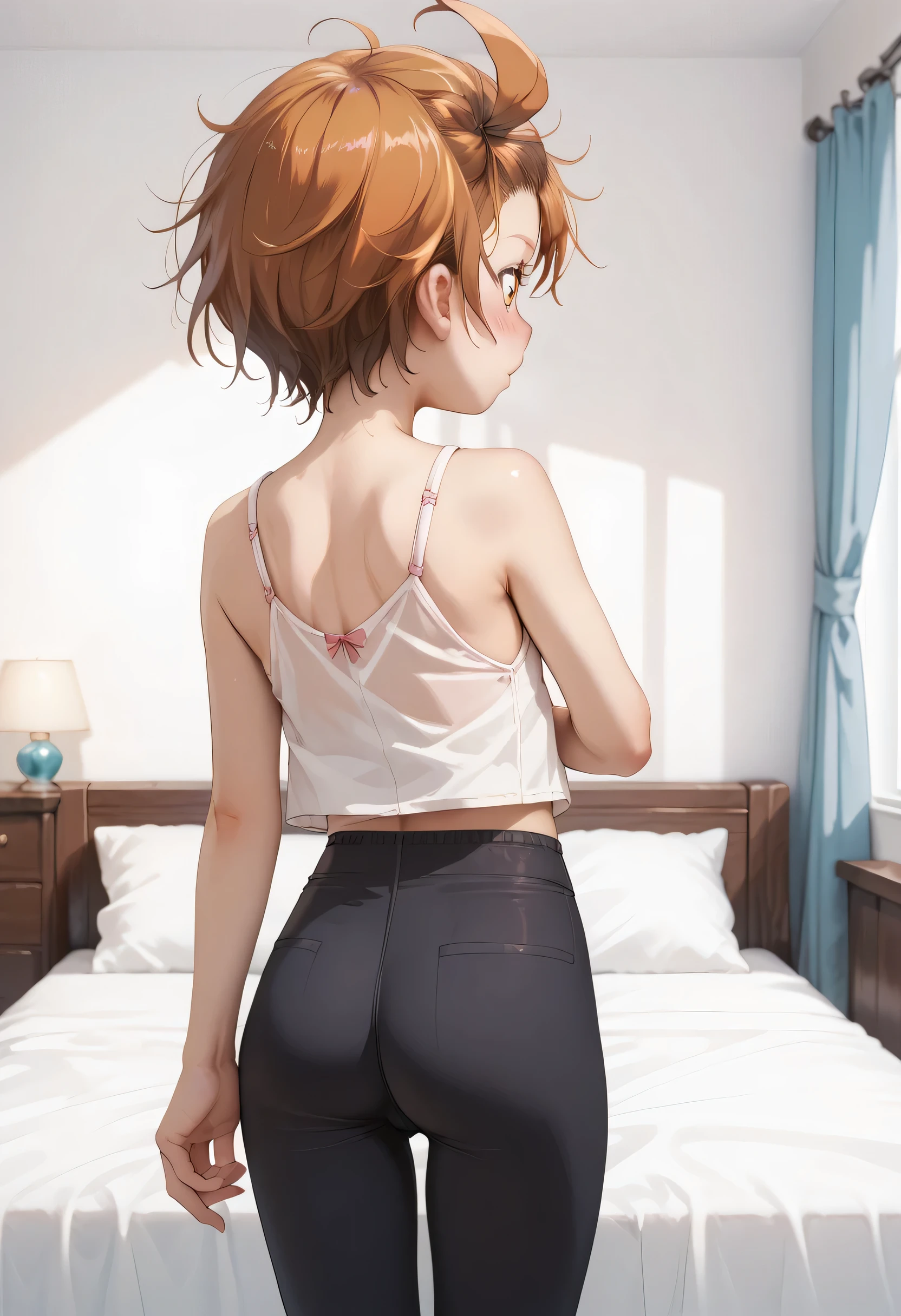 An image of Inori Yuitsuka blushing, flat breasts and a thin waist.,  sleeveless blouse and tight pants standing in a bedroom, Back view