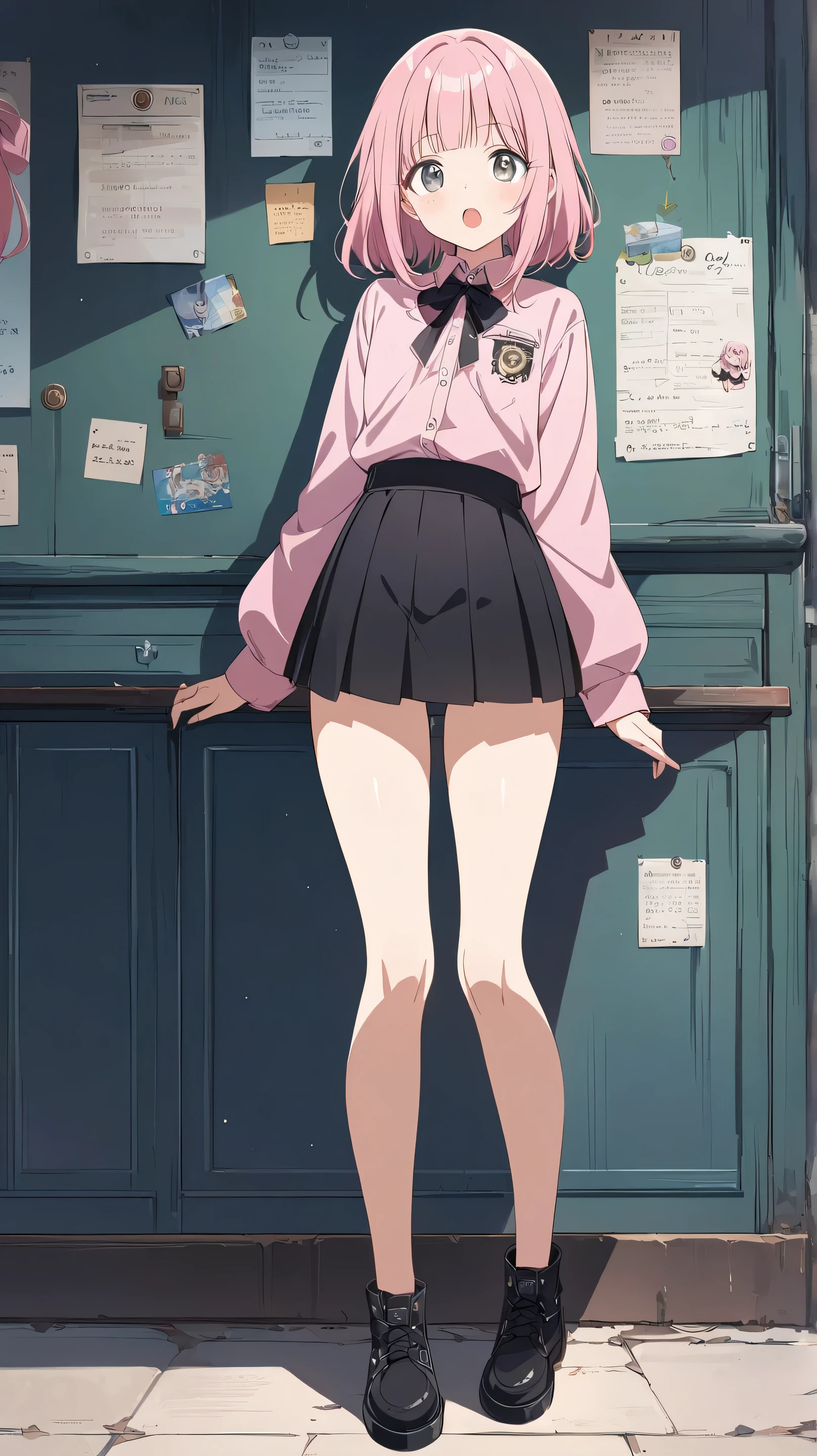 looking view, ((full body)), standing,Source Anime, (Masterpiece), (Best Quality)), (Very Detailed), ((Cute)), (Amazing), (Detailed)), 4K, (8k), Highest Quality , (beautiful), perfect anatomy, ((perfect hands)), (perfect fingers)
ultra-definition depiction,
break
(( 1girl )), 16's years old, medium hair, flat bangs、round face, pink hair, ((grey eyes)), open mouth, cute eyes,jirai, white day,mini skirt