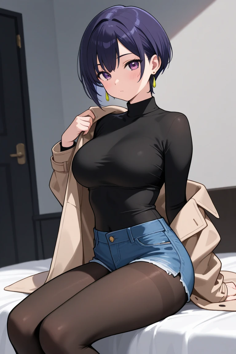 (Highest quality, High resolution, Very detailed), Black Hair, Short Hair Blue Eyes, Sweater dress, Lace Thong, Large Breasts, 24th generation, Beautiful woman, mature, quiet, Calm, A small smile, bedroom