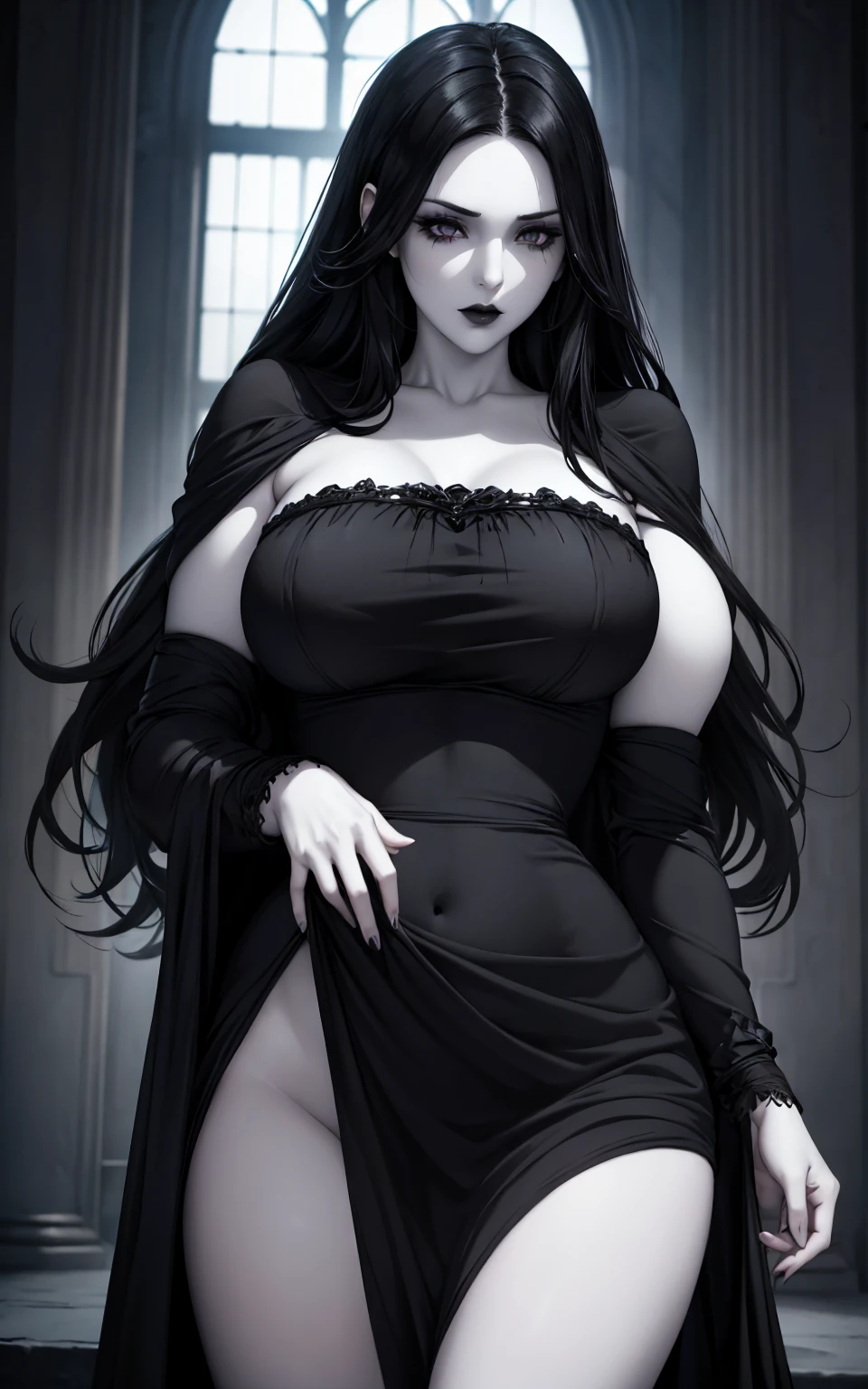 Morticia Addams, wearing tight transparent black dress cleavage showing, pale white skin, black hair, beautiful detailed eyes, luscious big round breasts, slim waist, wide hips, perfect slim body, tight ass, tight buttocks, breasts on display, beautiful detailed hands; PhotoRealistic, Ultrarealistic, highres, 8k, dark cinematic lighting; crypt in background, night time,