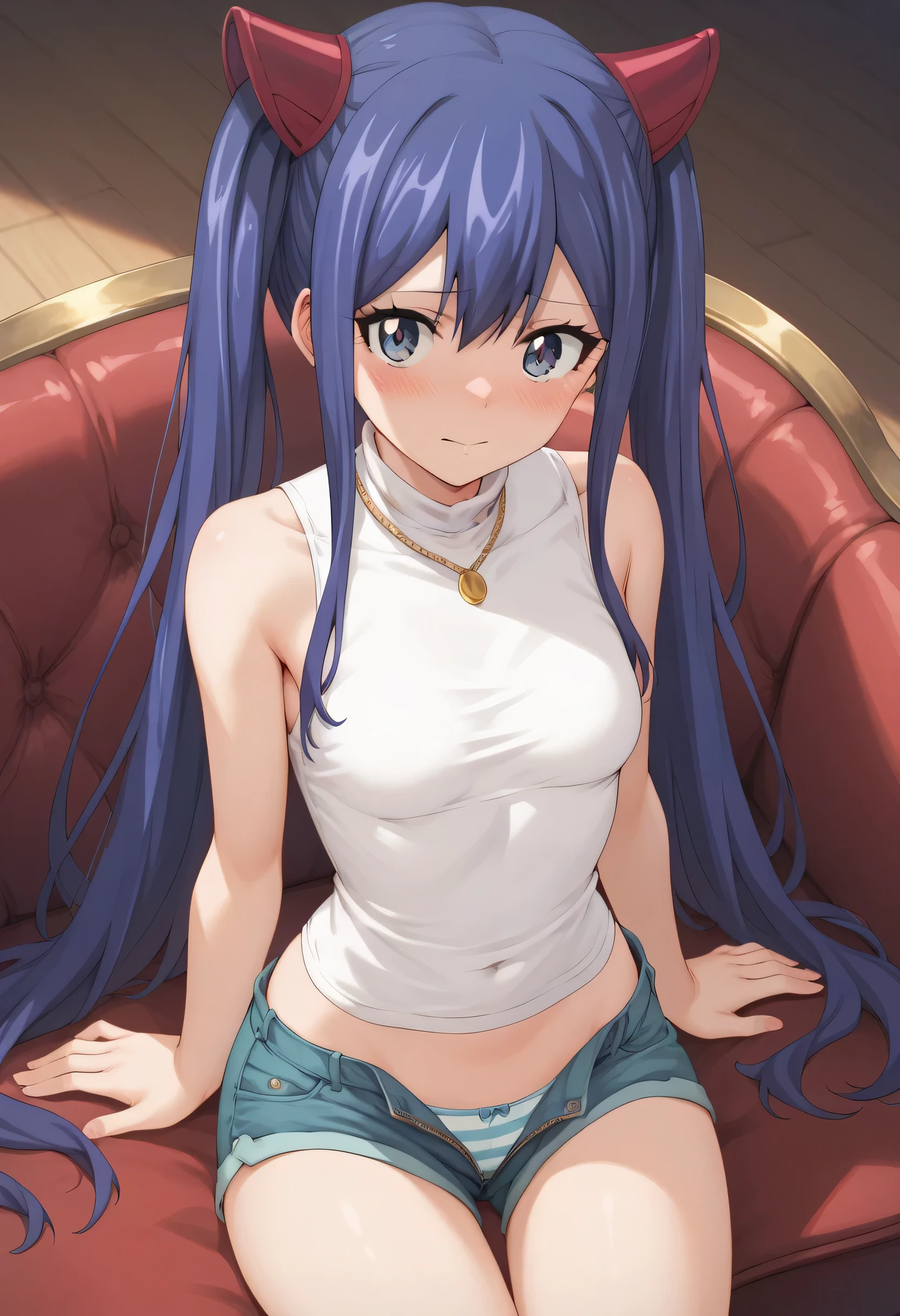 An image of Wendy Marvell with a sensual face standing blushed with flat breasts. Wearing a sleeveless white turtleneck blouse with a short shorts with an open zip showing the panties sitting on a sofa in a room